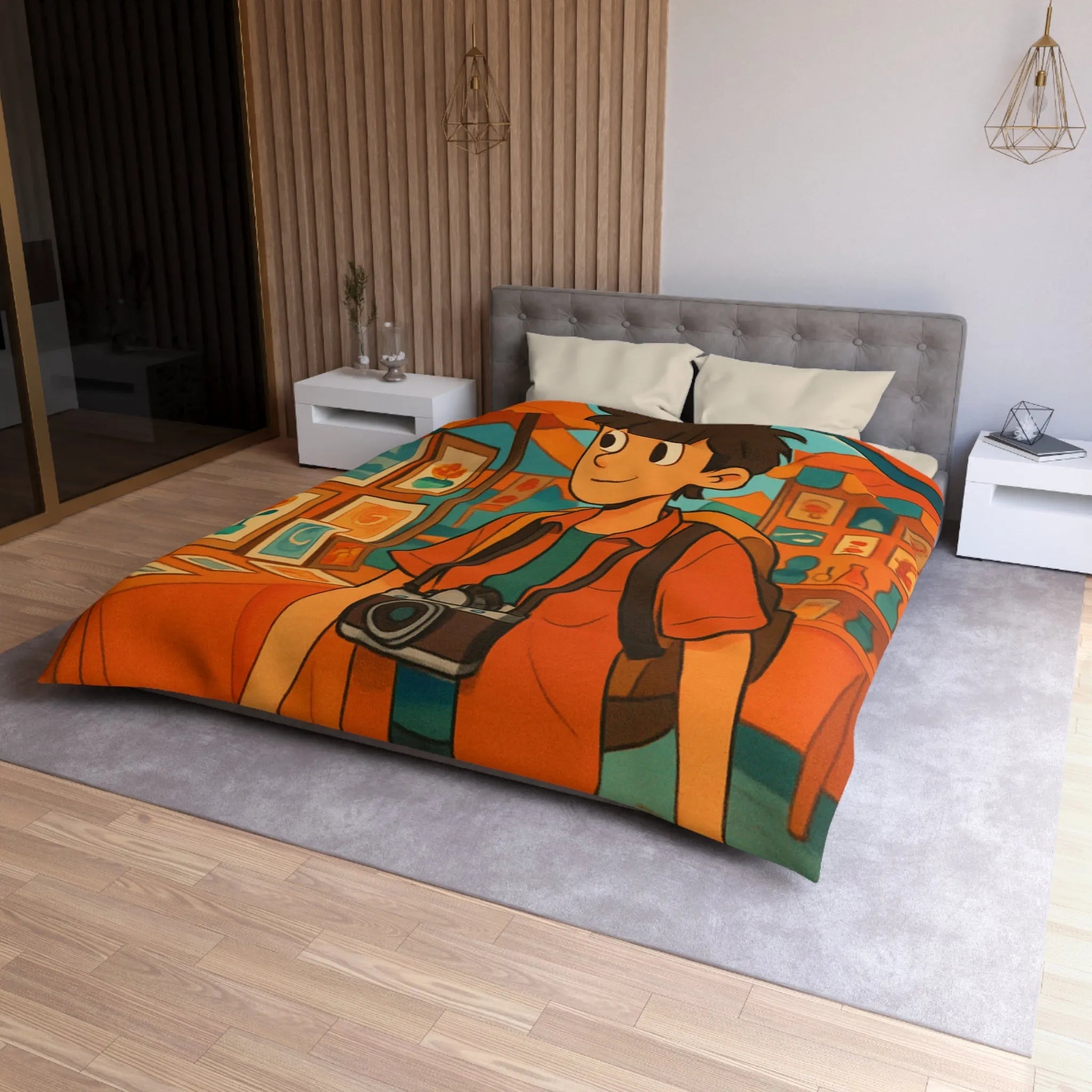 Housse de couette animée avec jeune explorateur et marché aux lanternes colorées