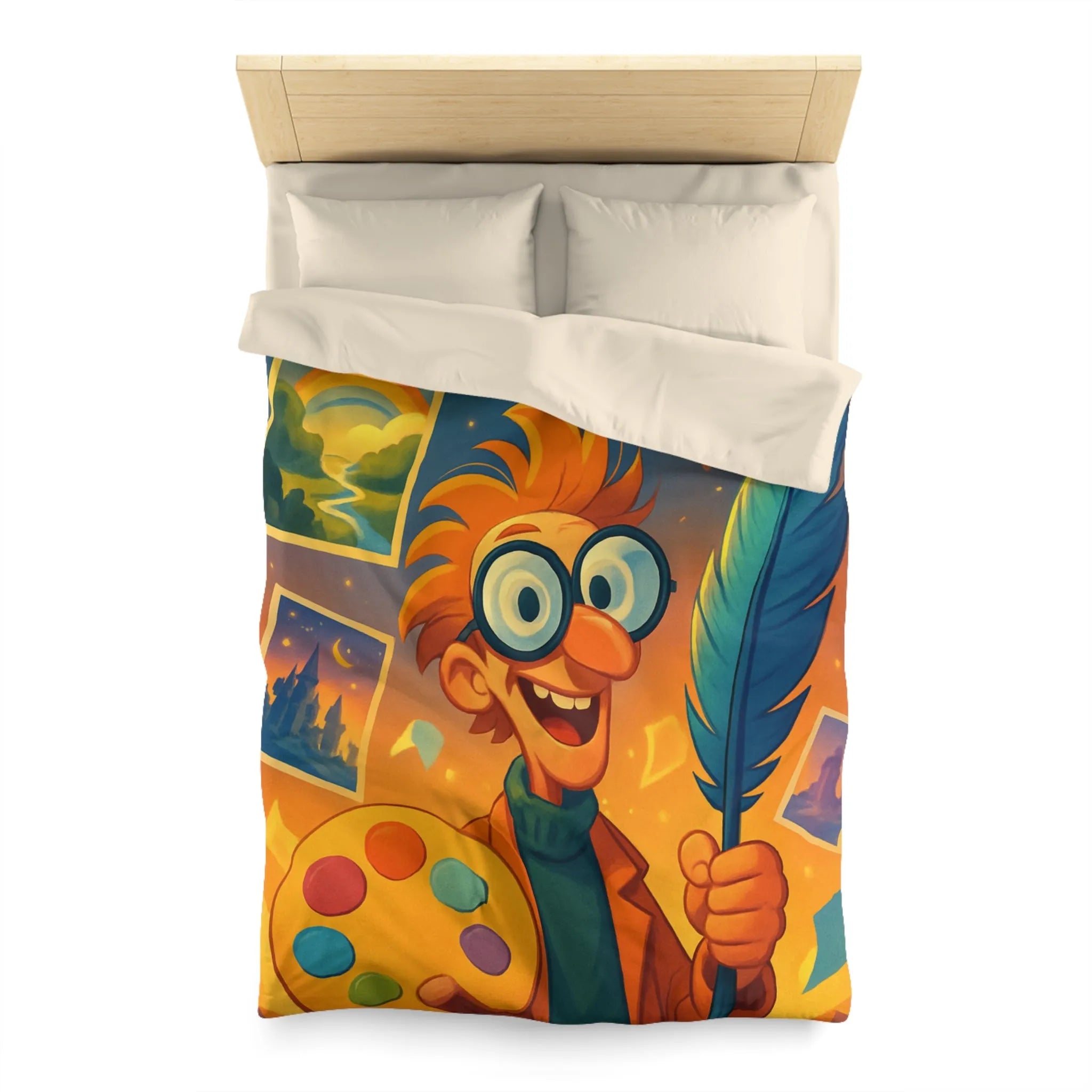 Housse de couette colorée avec paysage de conte de fées et artiste joyeux
