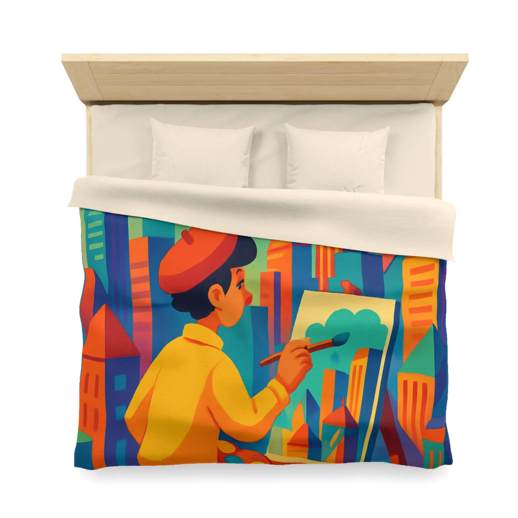 Housse de couette illustrée avec artiste et paysage urbain aux couleurs vibrantes
