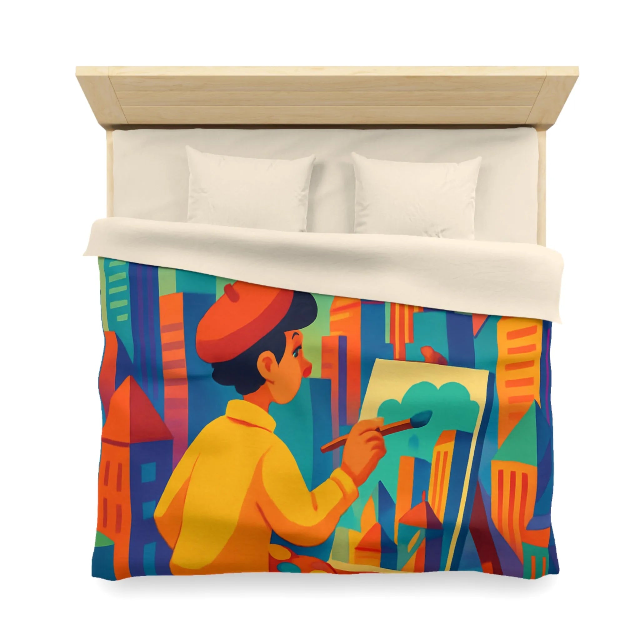 Housse de couette illustrée avec artiste et paysage urbain aux couleurs vibrantes