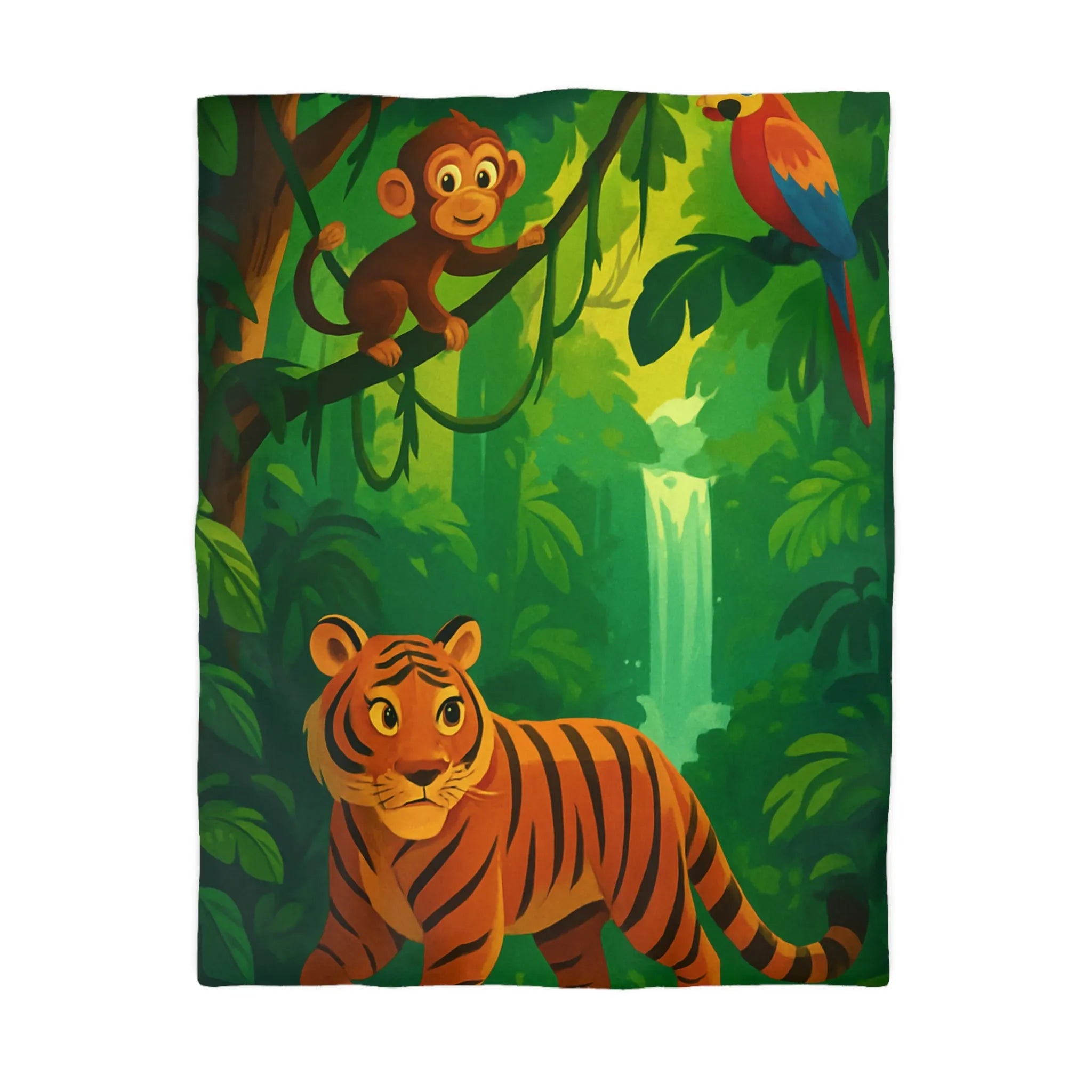 Housse de couette jungle avec tigre, singe et perroquet, cascade en arrière-plan