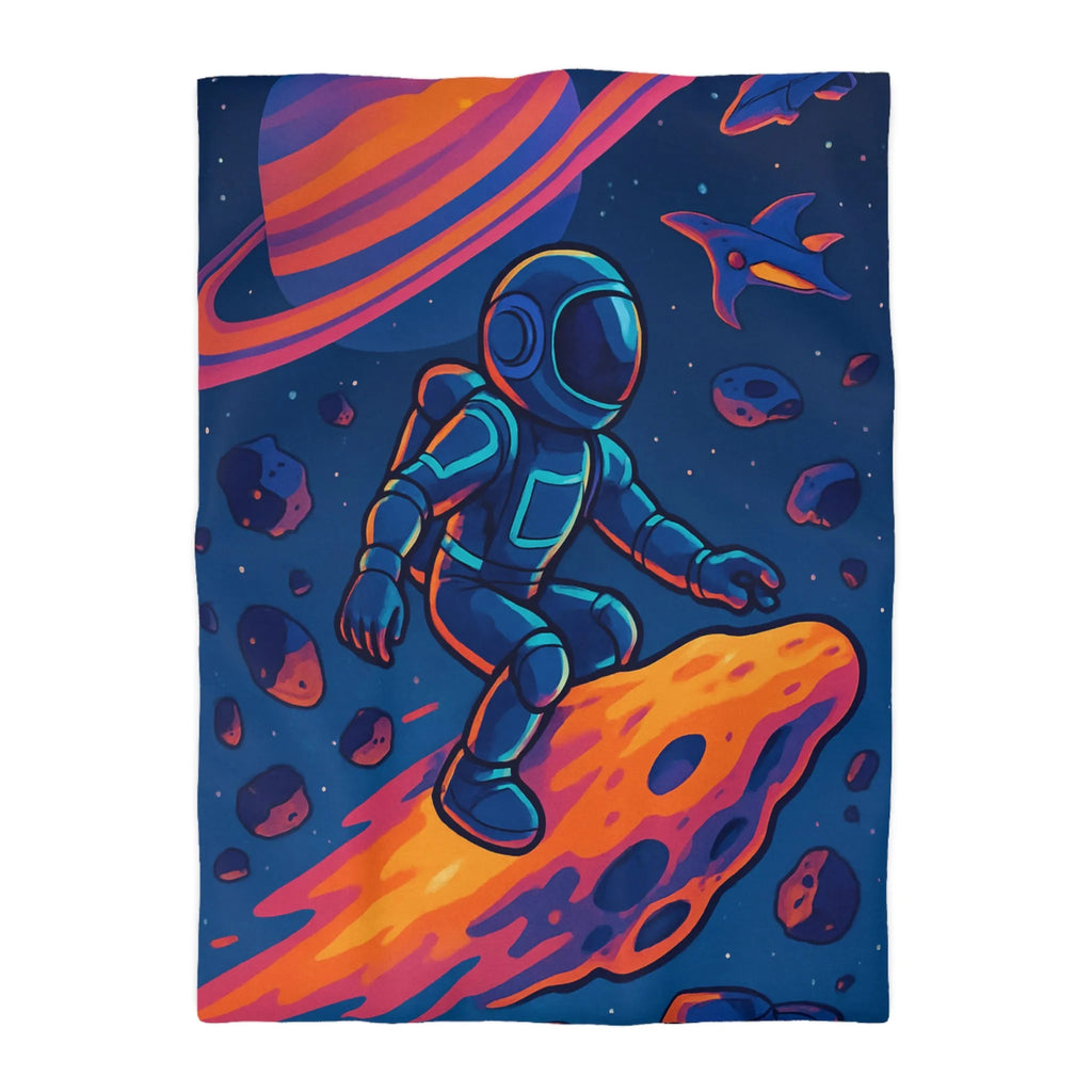 Aventure spatiale colorée avec astronaute sur météore, planète anneau et vaisseaux futuristes