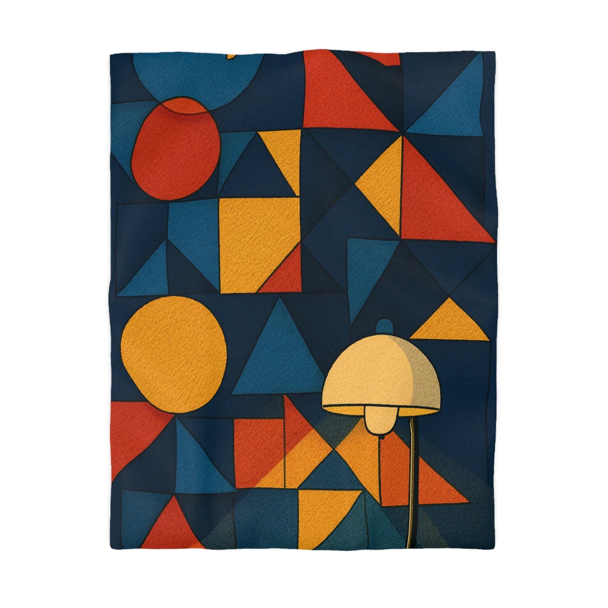 Housse de couette géométrique moderne multicolore avec motifs rétro et ambiance chaleureuse éclairée