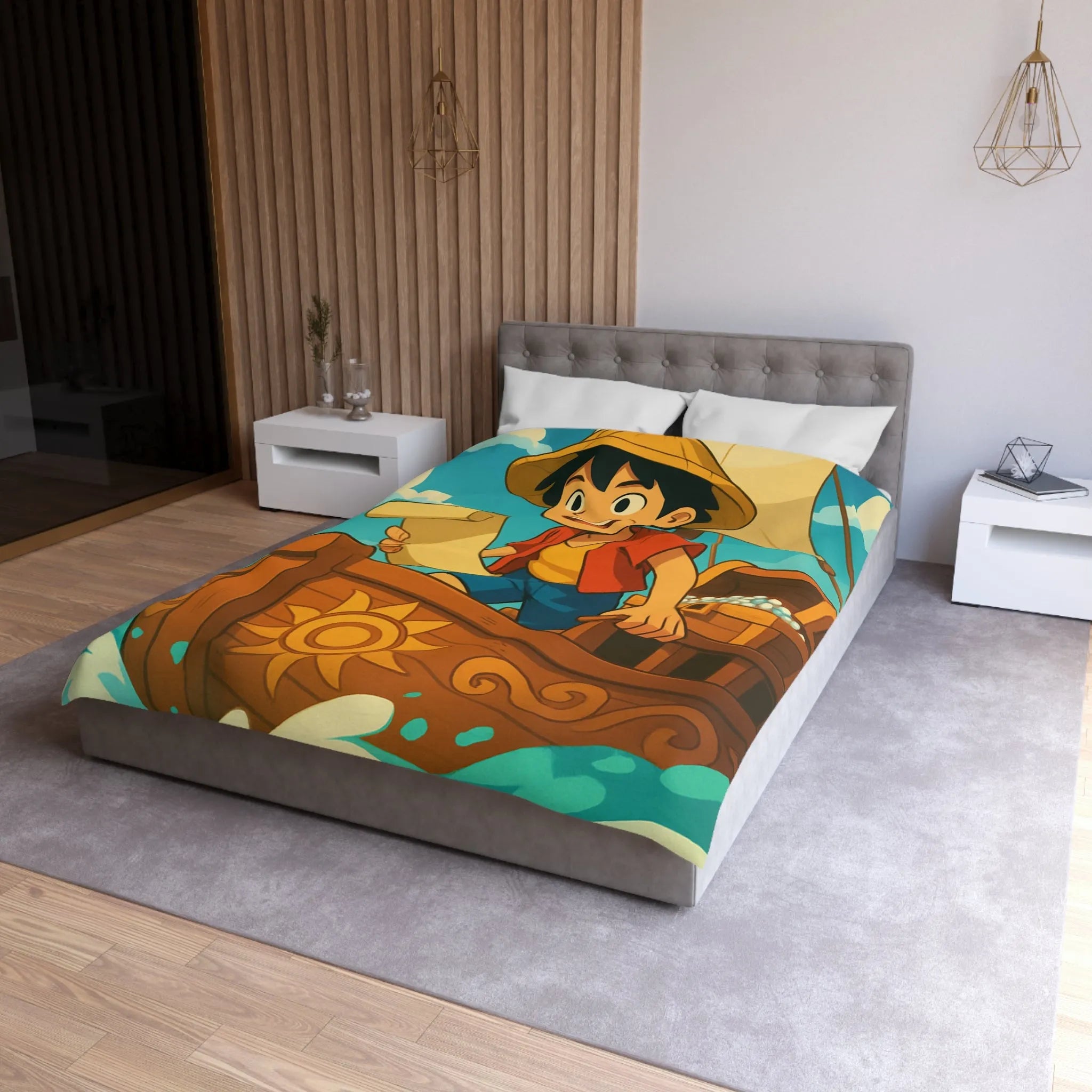 Douce housse de couette enfant motif pirate joyeux en bateau sur vagues bleues