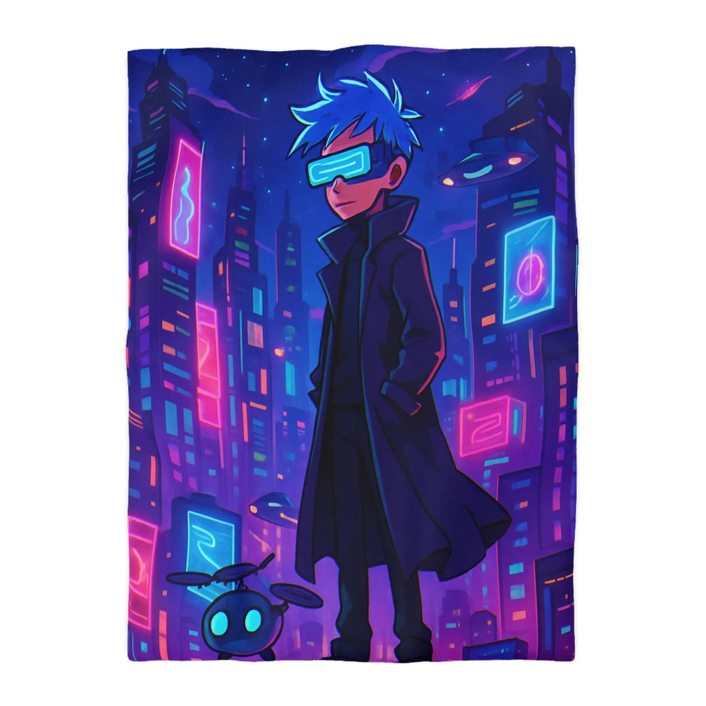 Housse de couette en néon futuriste avec personnage mystérieux et skyline cyberpunk