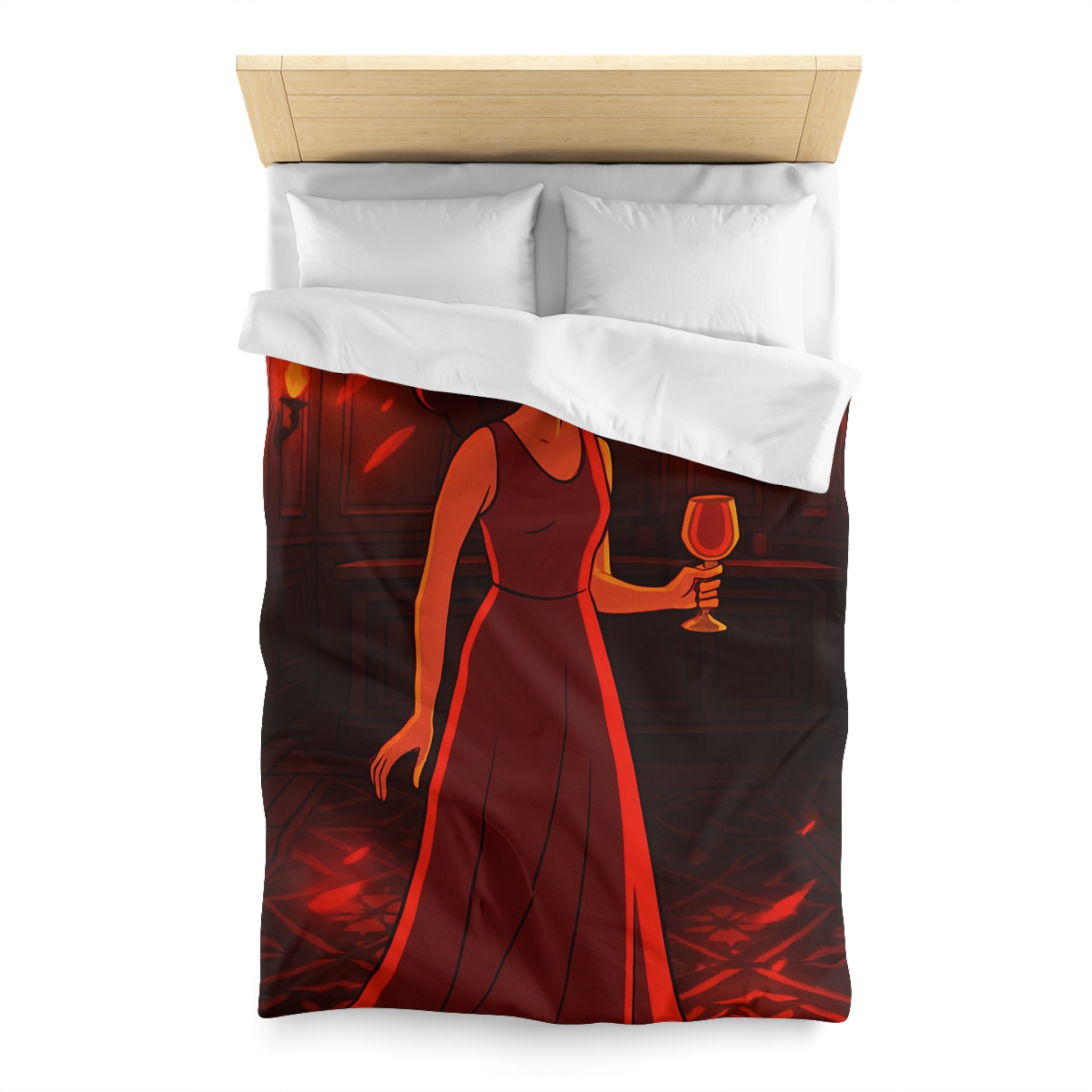 Housse de couette rouge élégante avec motif femme et reflets lumineux mystérieux