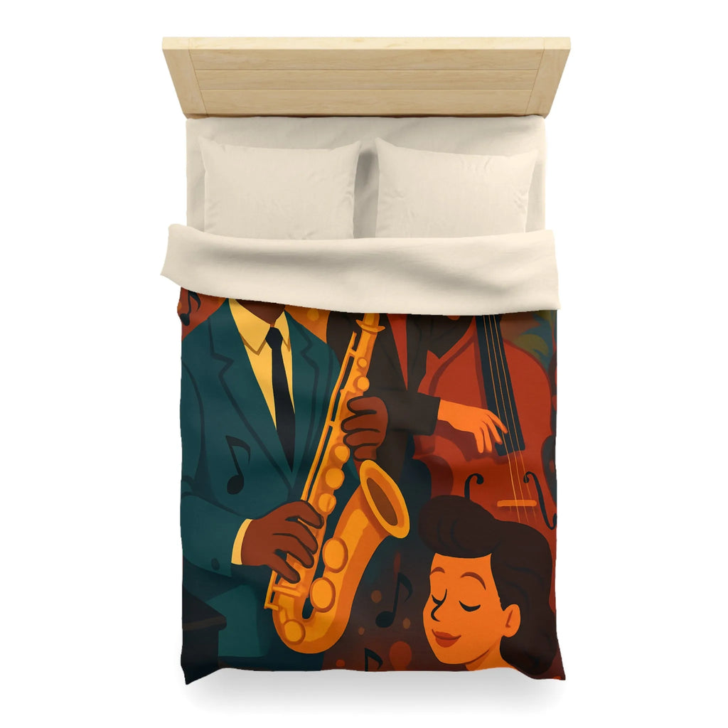 Housse de couette jazz rétro avec musiciens passionnés jouant du saxophone et contrebasse