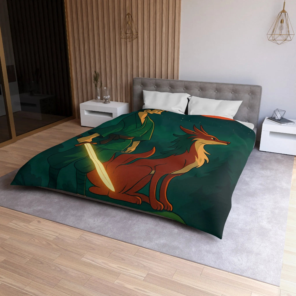 Housse de couette épique avec lune rouge, scène mystique et créature légendaire