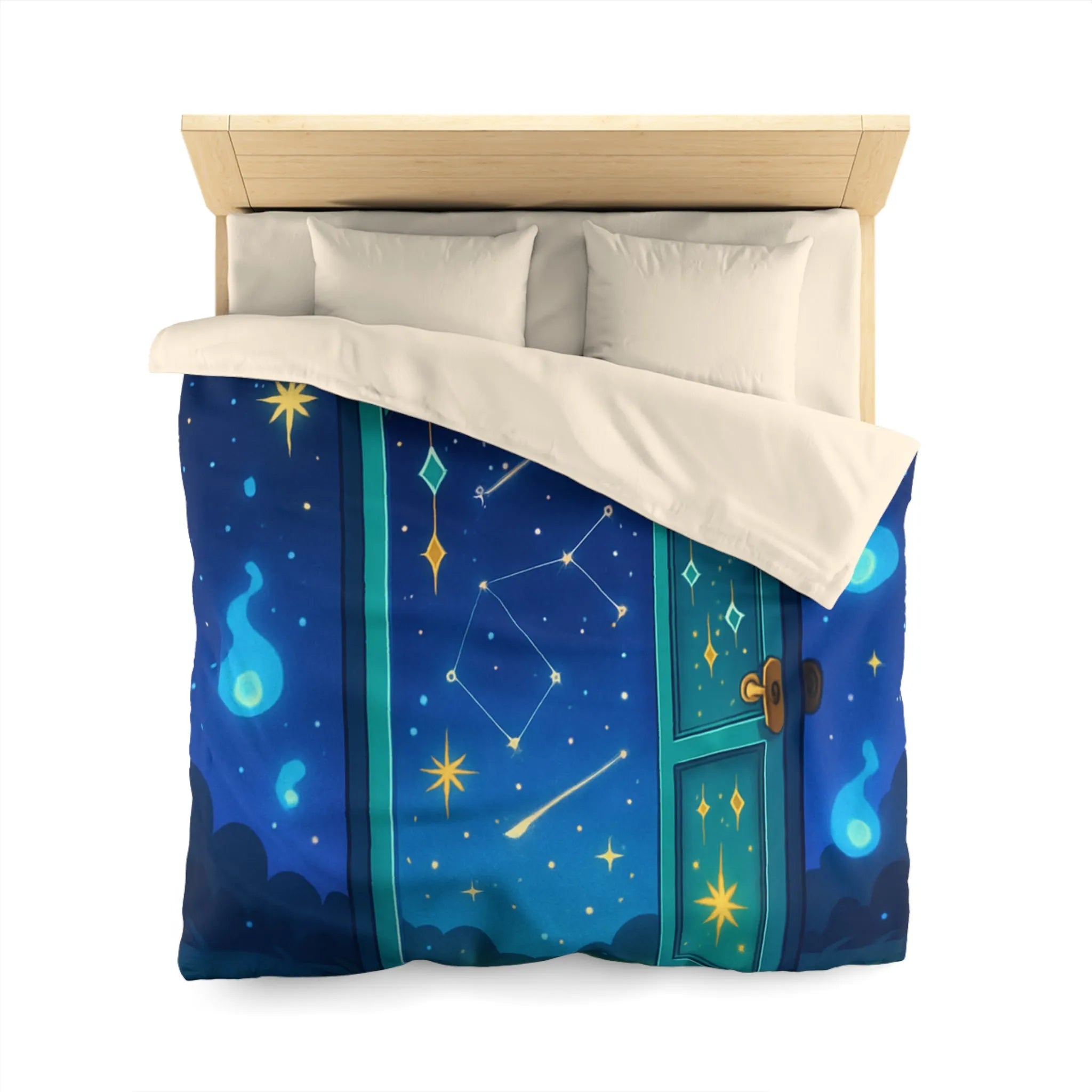 Housse de couette magique avec porte ouverte sur ciel étoilé bleu et constellations