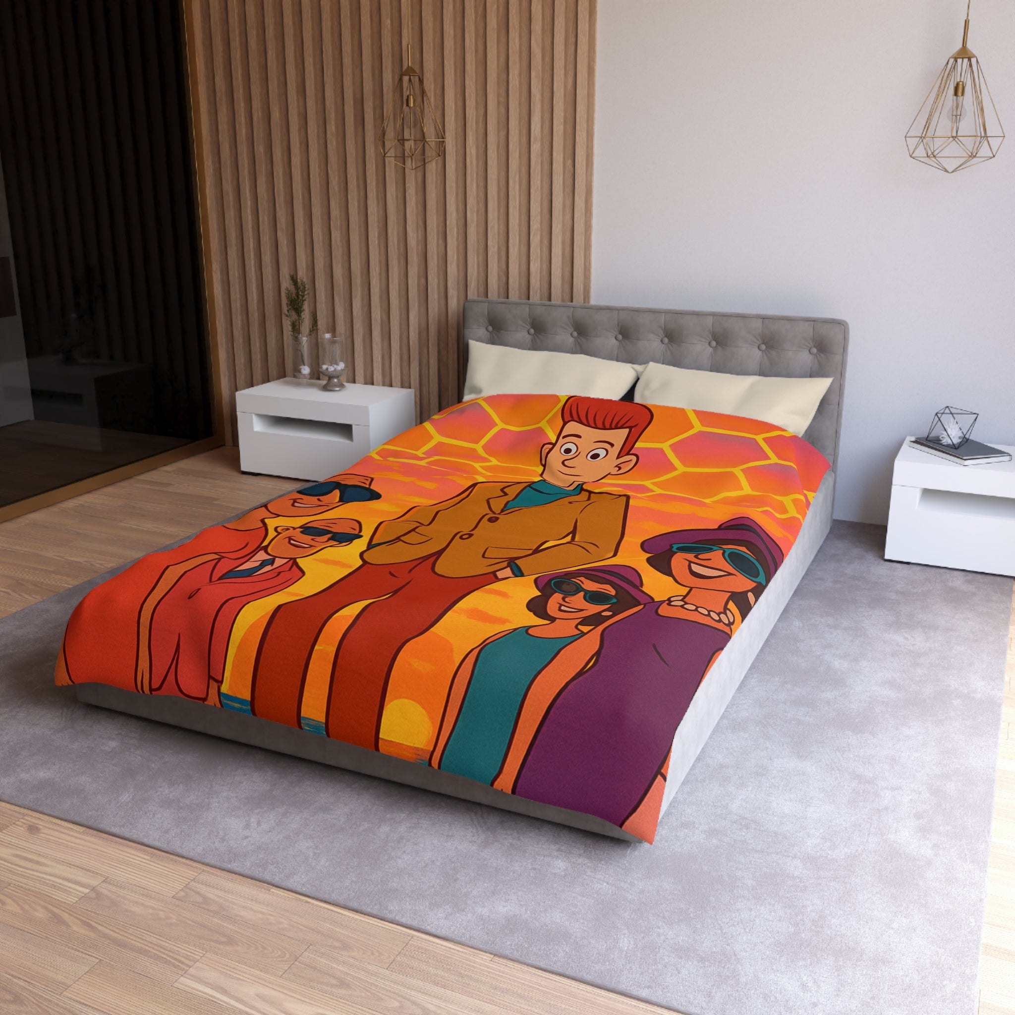 Motifs colorés hexagonaux vibrant avec personnages stylisés dans un paysage ensoleillé unique