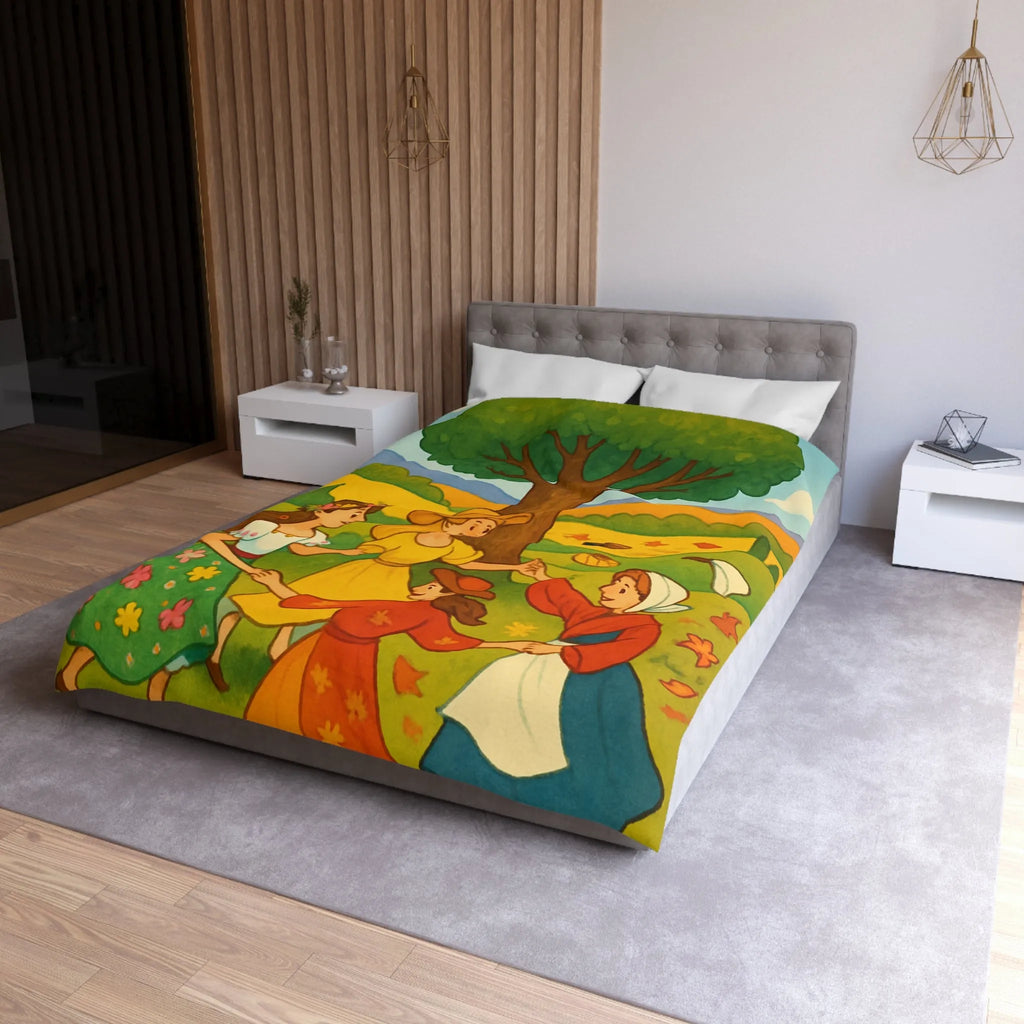 Housse de couette champêtre aux motifs de danseuses rondes et paysage bucolique coloré