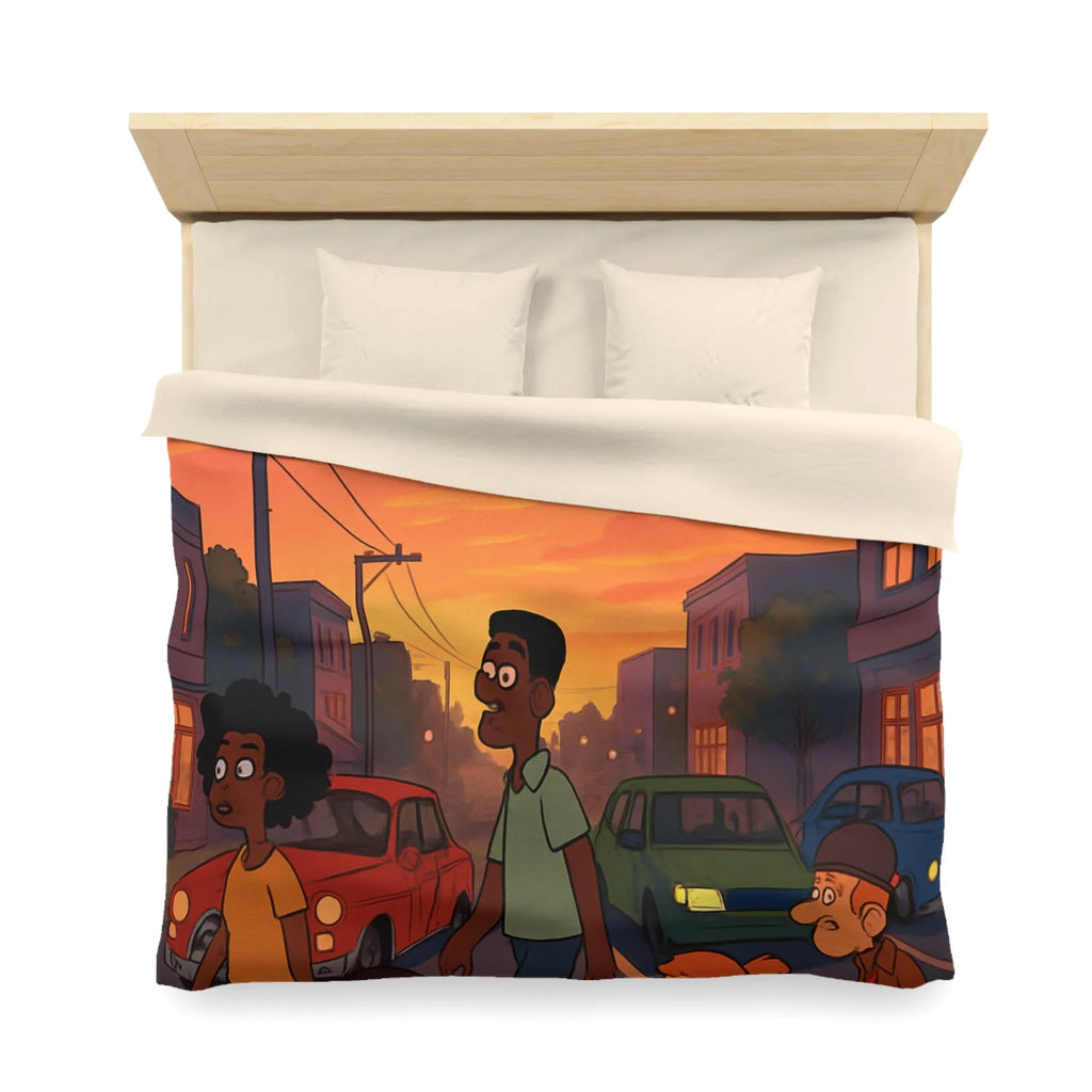 Housse de couette coucher de soleil urbain coloré, personnages divers traversant rue animée