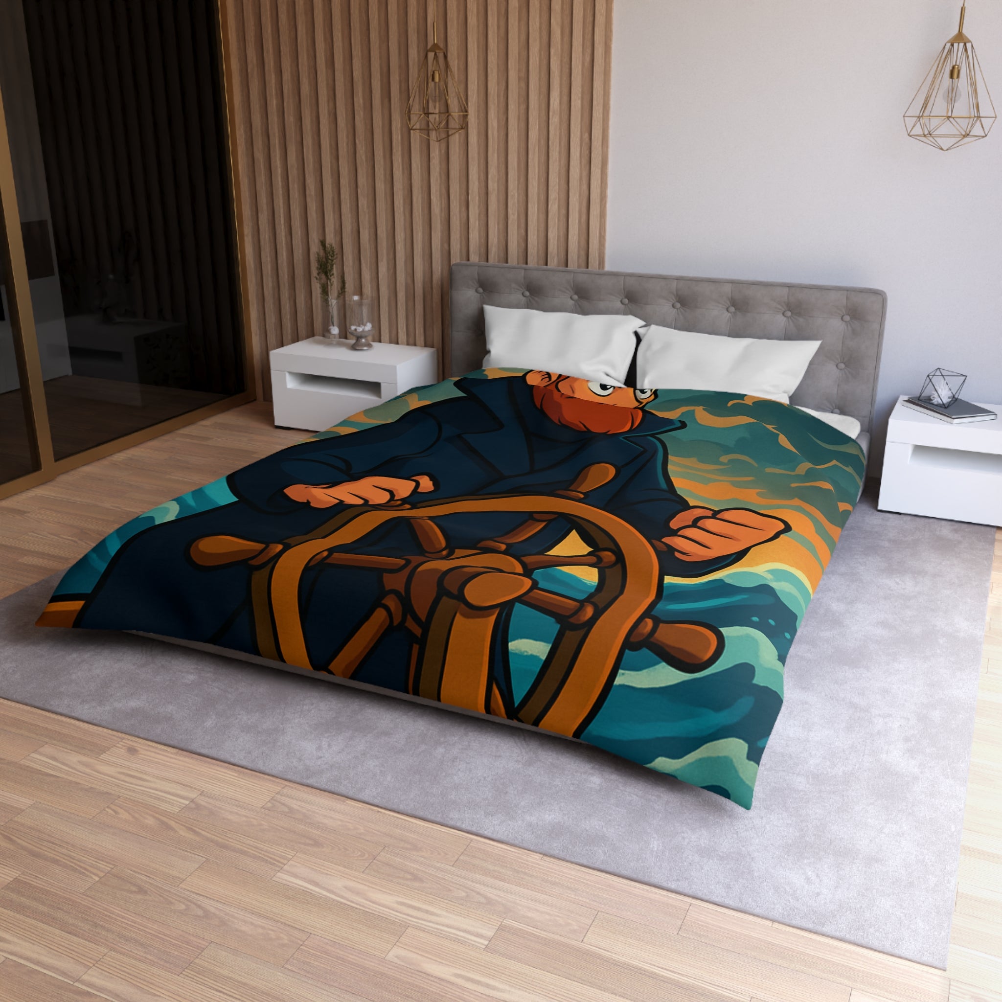 Housse de couette motif marin : capitaine courageux naviguant tempête en mer déchaînée