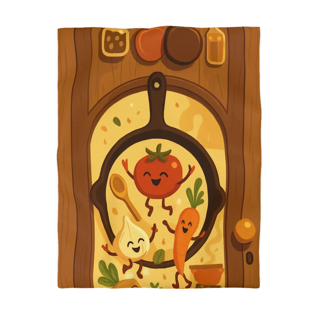 Housse de couette joyeuse avec légumes dans une poêle ambiance cuisine chaleureuse