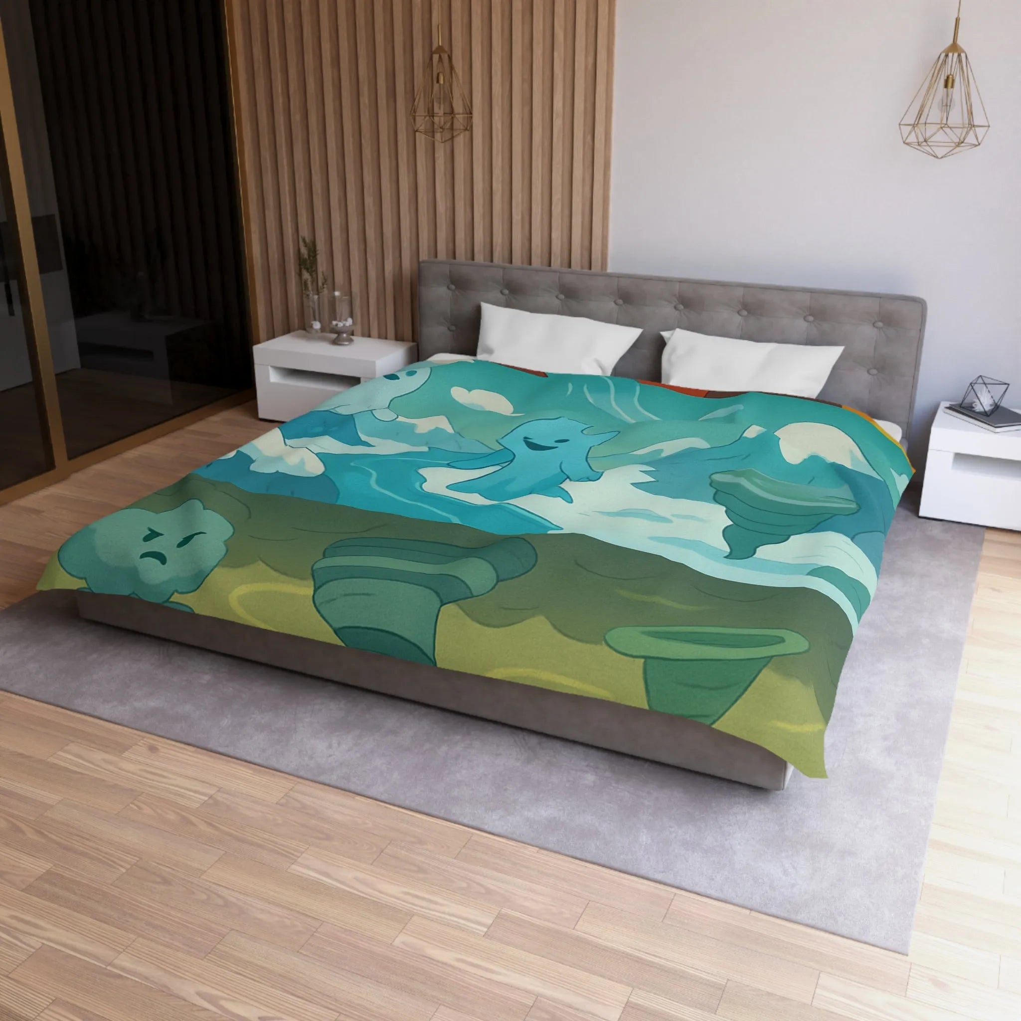 Housse de couette illustrant esprits élémentaires dans des paysages fantastiques vibrants et colorés