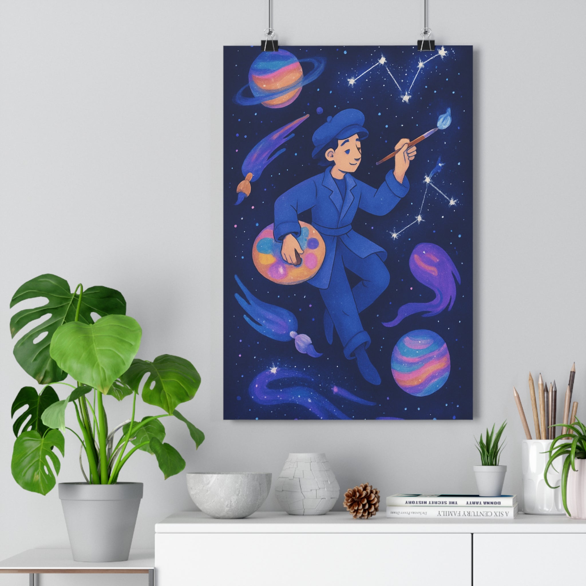Poster décoratif céleste anime bleu violet orange mystique artiste chambre constellation palette étoiles pinceau