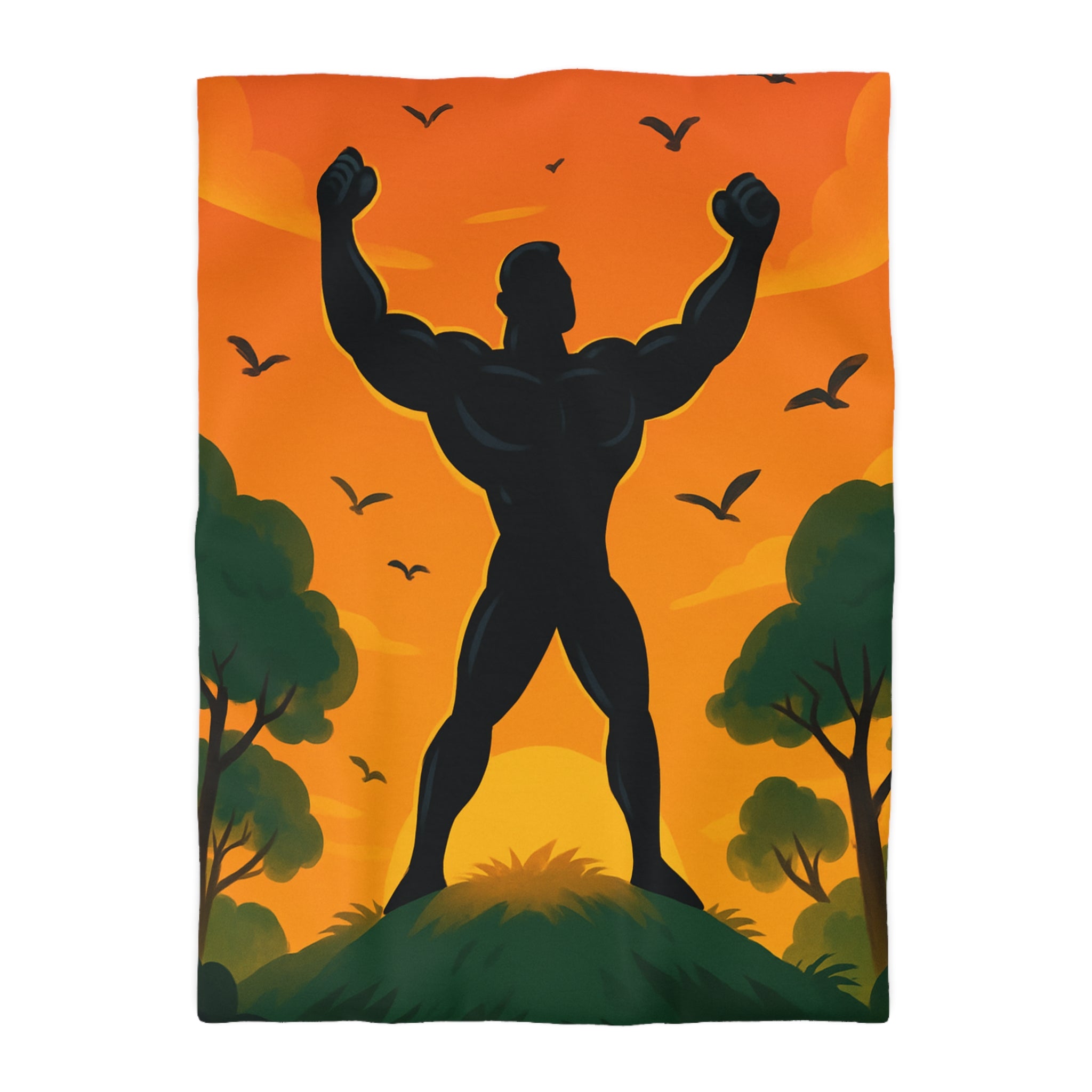 Housse de couette silhouette héros sur colline, coucher de soleil et oiseaux volants
