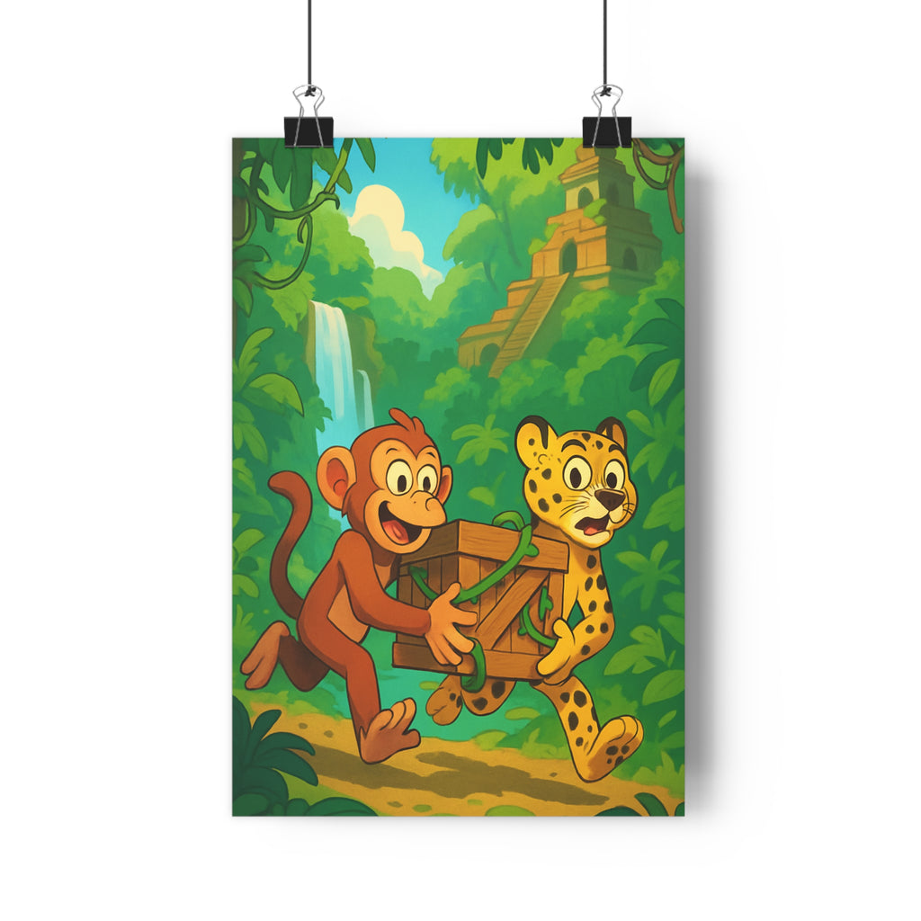 Poster décoratif jungle aventure singe léopard cascade dessin animé coloré enfant mystère exotique chambre