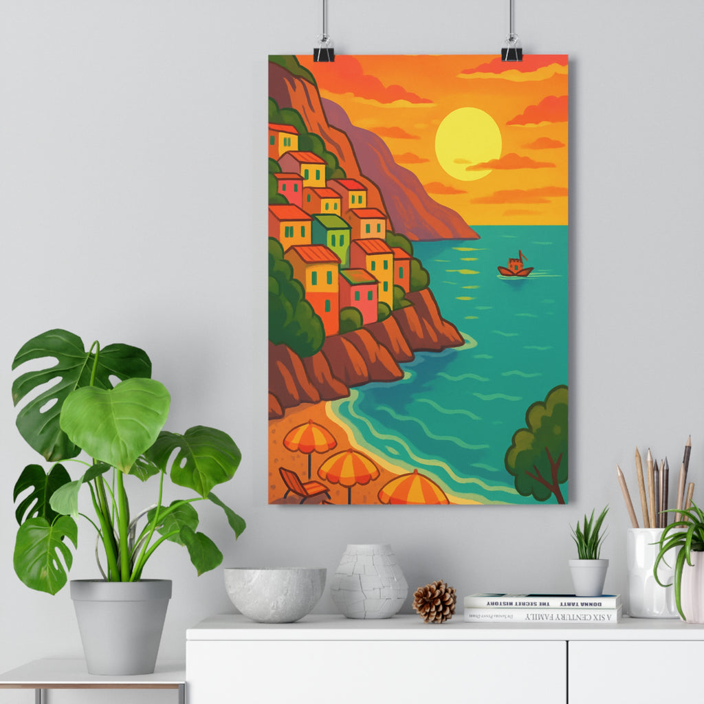 Poster décoratif cartoon côte amalfitaine coloré joyeux salon chambre maison falaise mer coucher soleil