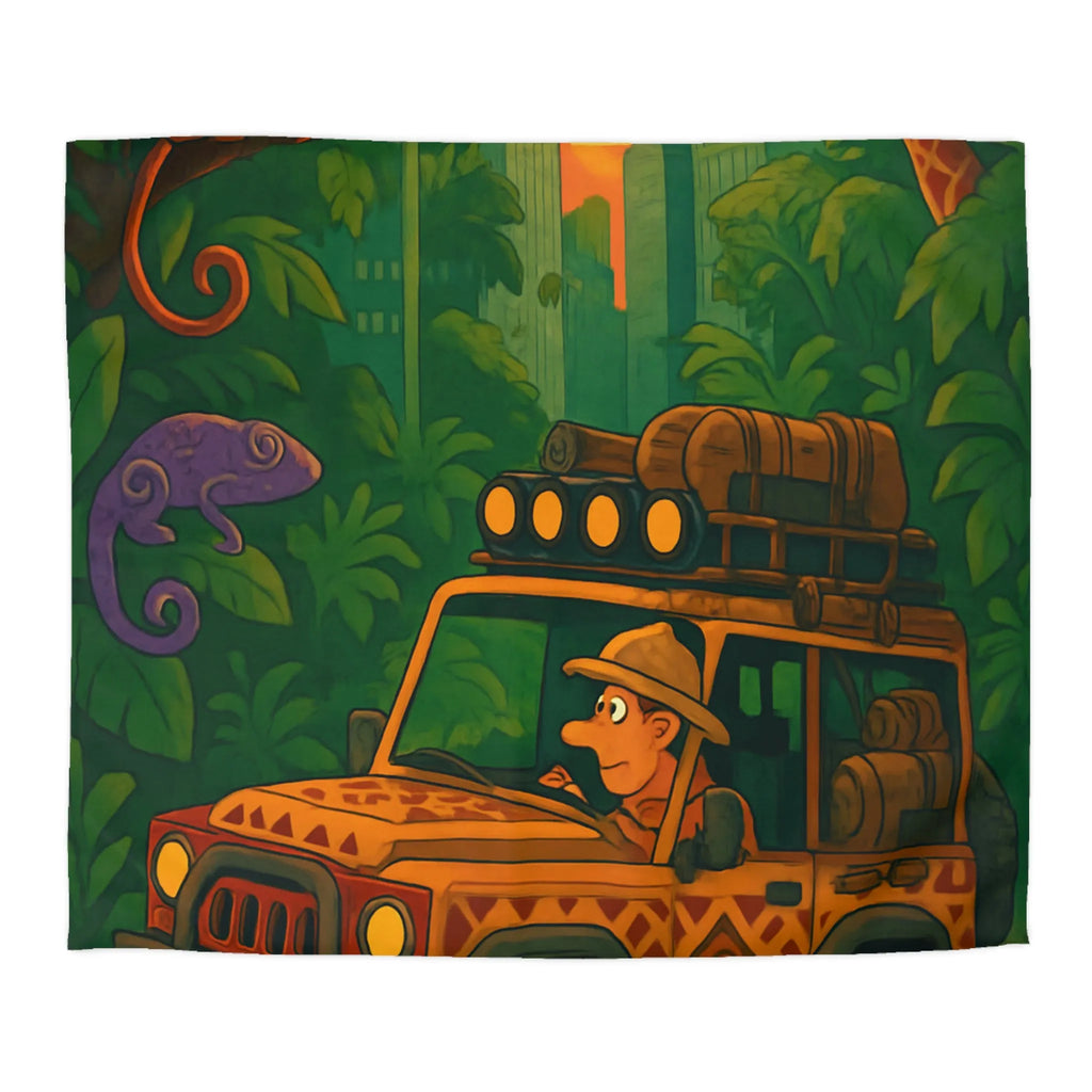 Housse de couette jungle aventure avec jeep, animaux exotiques et coucher de soleil vibrant