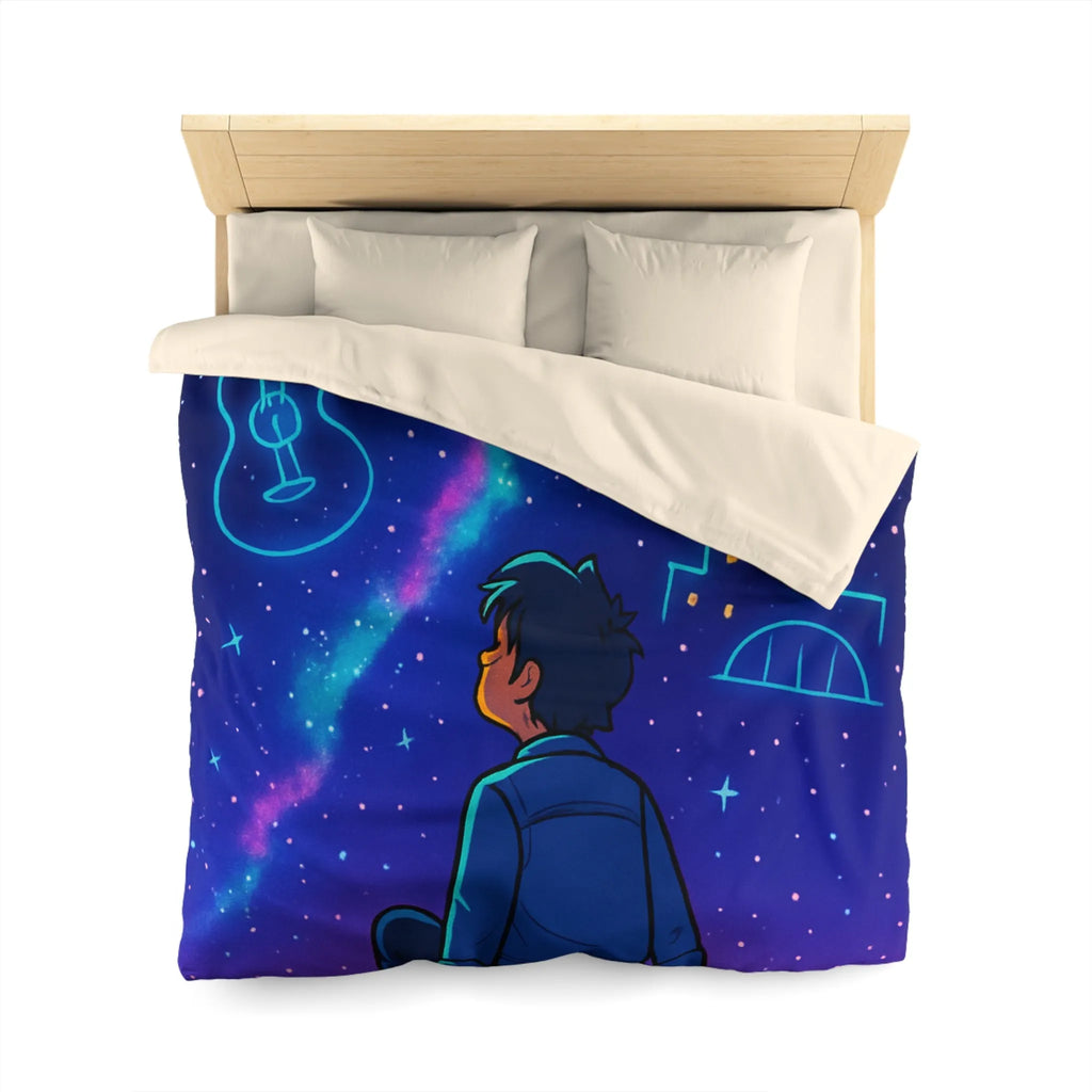 Housse de couette ciel étoilé avec rêveur contemplant silhouettes de musique et ville