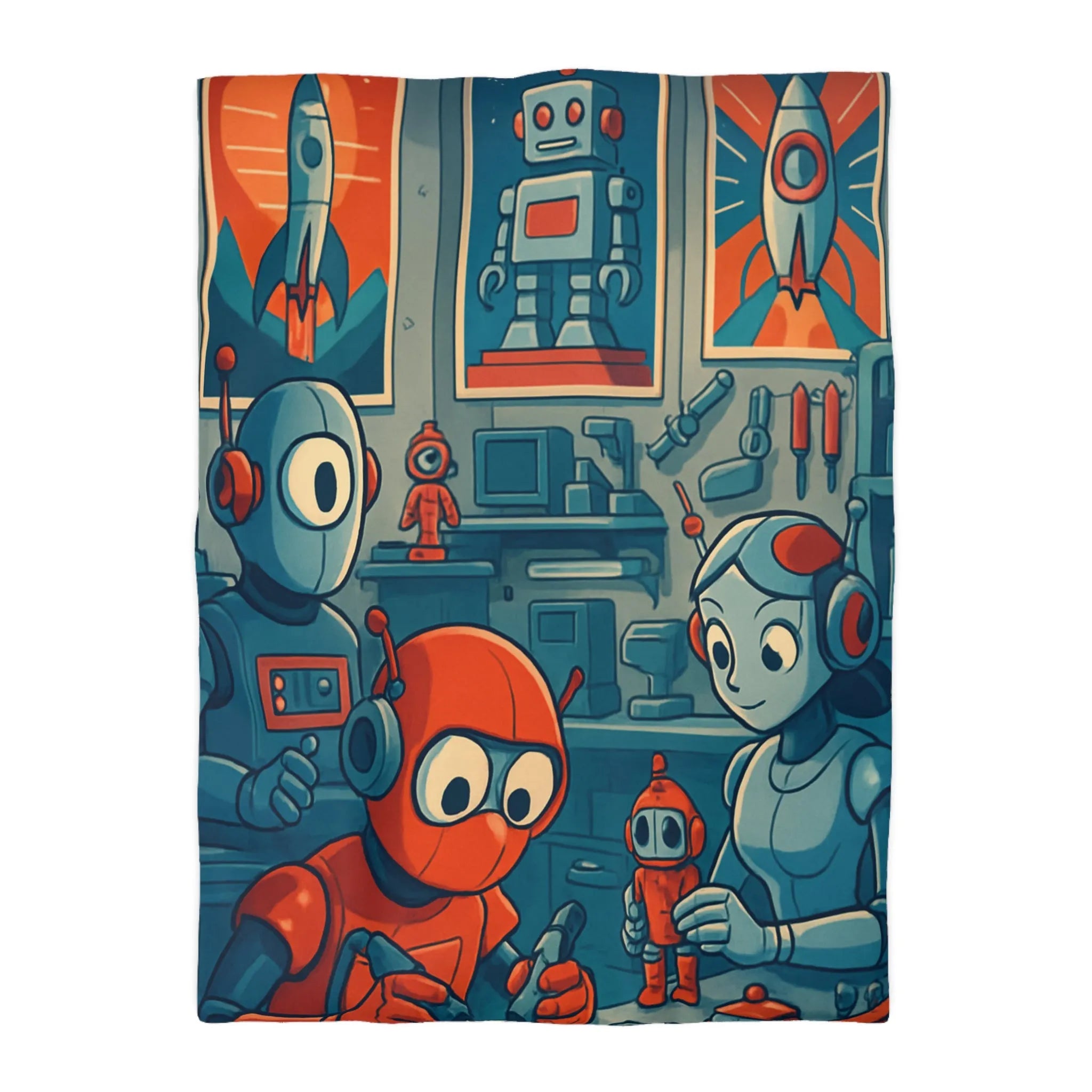 Housse de Couette Adorable Atelier de Robots pour Enfants au Look Rétro Futuriste