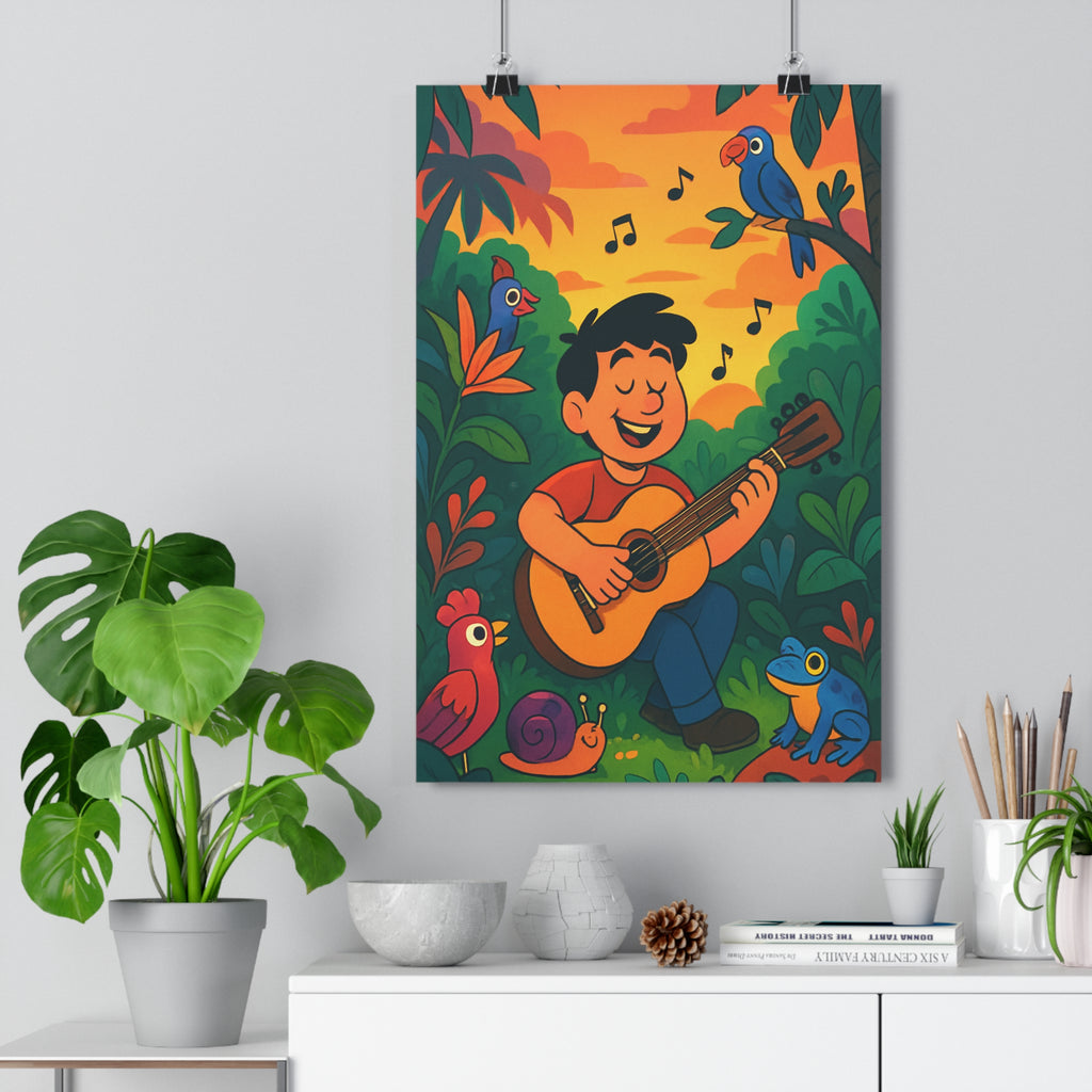 Poster décoratif joyeux moderne nature vert orange salon chambre graphique années musique guitare vibrante