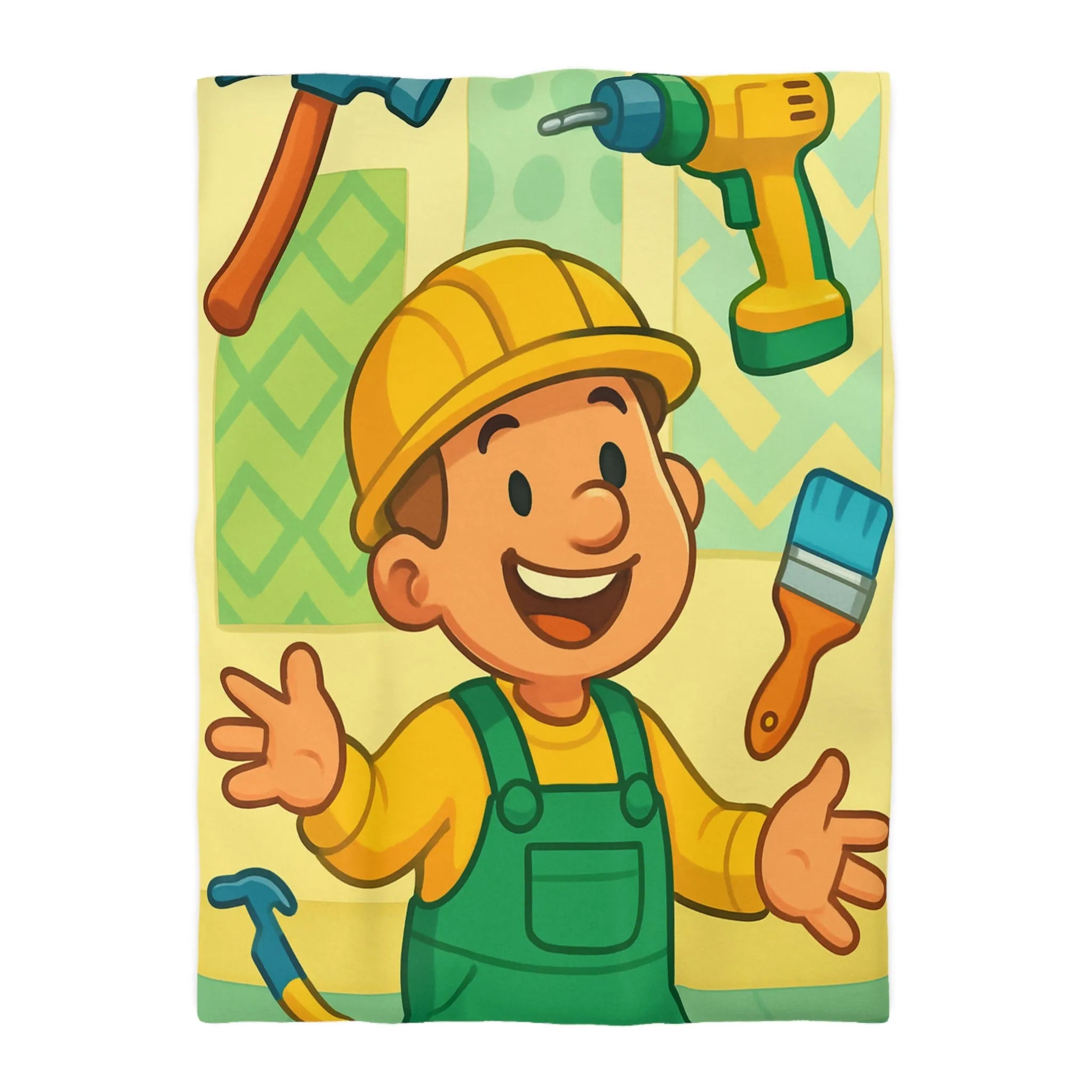 Housse de couette joyeuse pour enfants avec outils de bricolage et personnage souriant