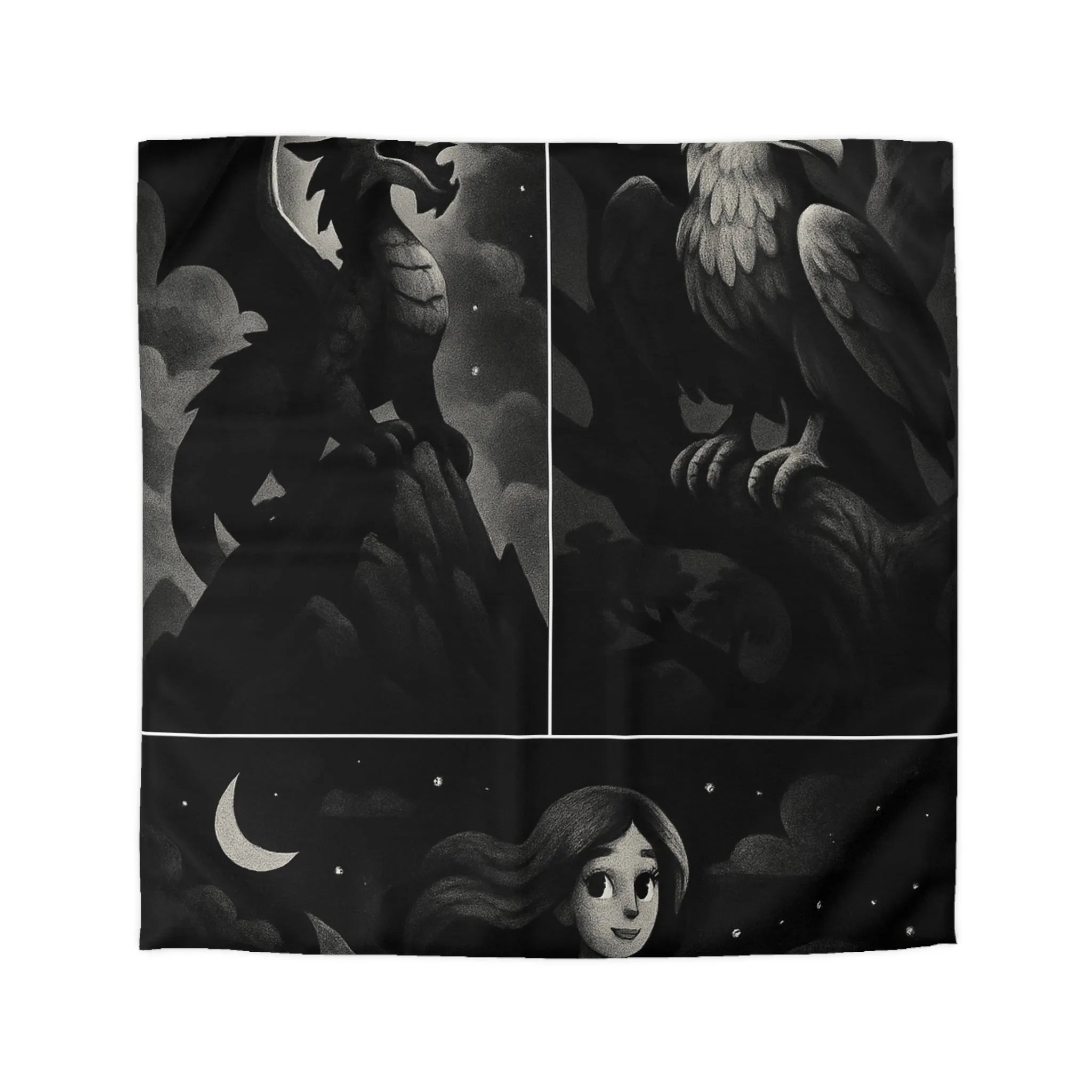 Housse de couette avec motifs de créatures fantastiques dragon, griffon et sirène en noir et gris