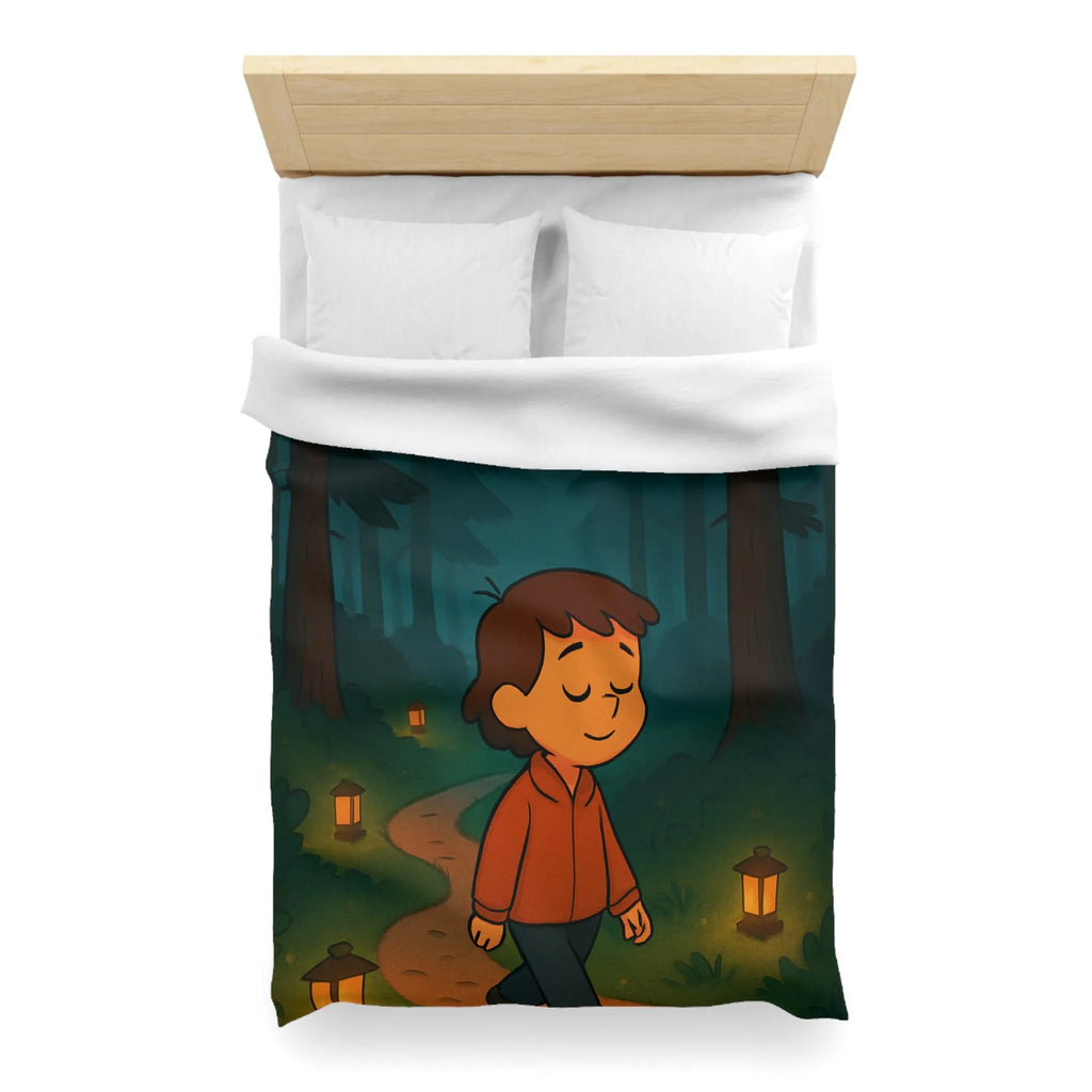 Housse de couette enfantine avec décor paisible de forêt au crépuscule pleine de lanternes