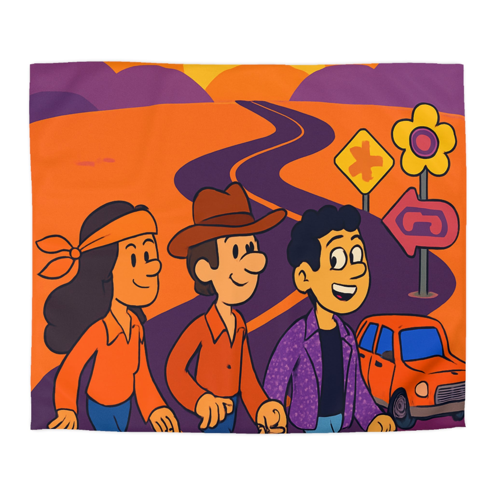 Housse de couette rétro seventies : route orange avec ciel ensoleillé et personnages