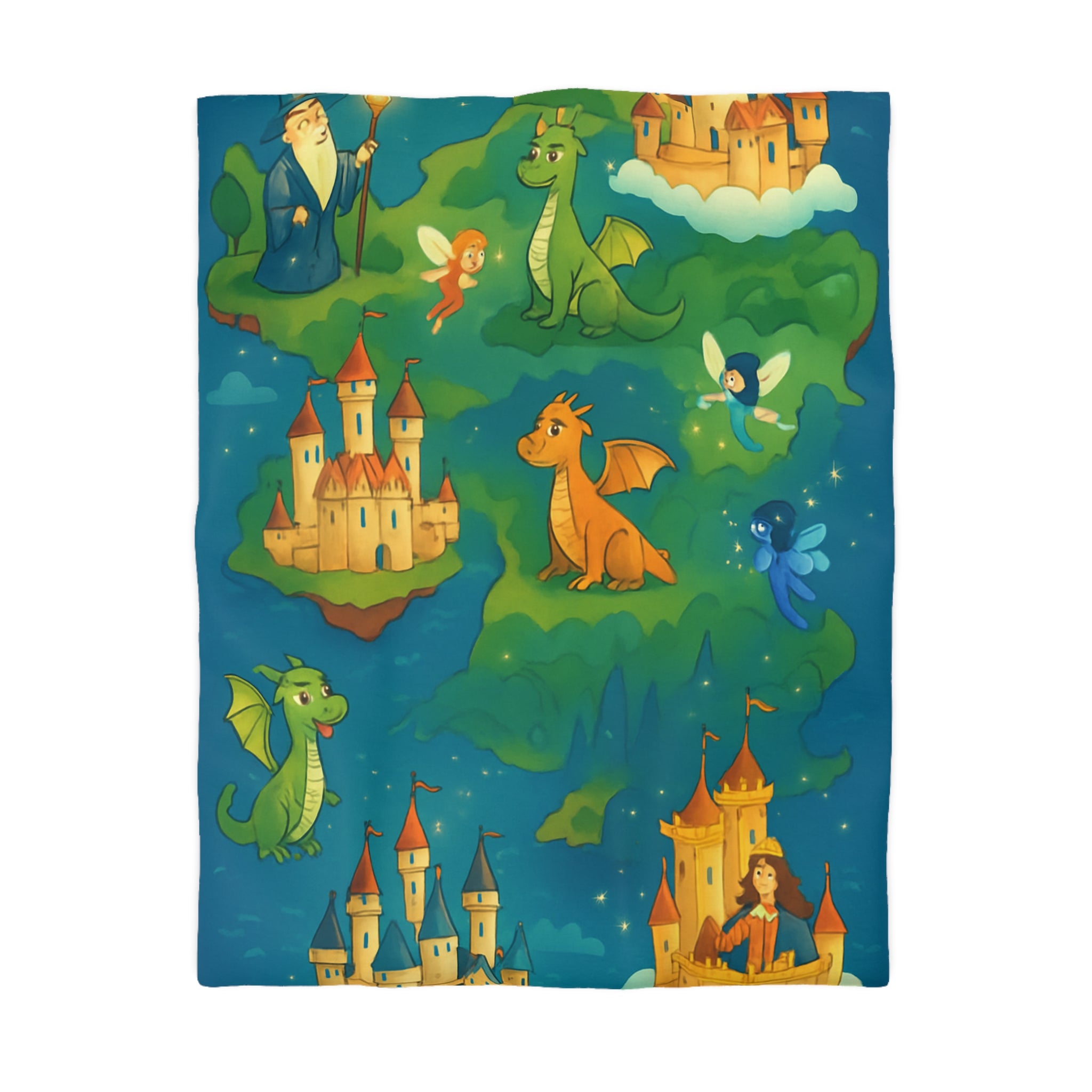 Housse de couette thématique féerique avec dragons, châteaux et un sorcier rêveur