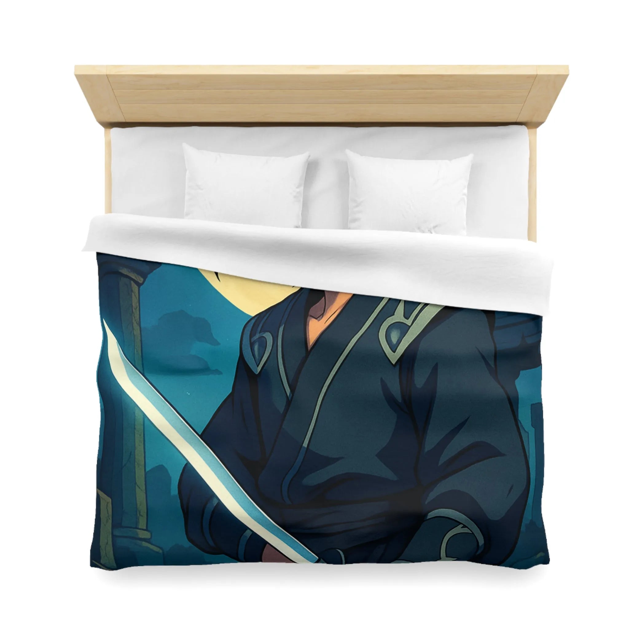 Housse de couette épique avec guerrier anime sous lune mystique et ruines anciennes