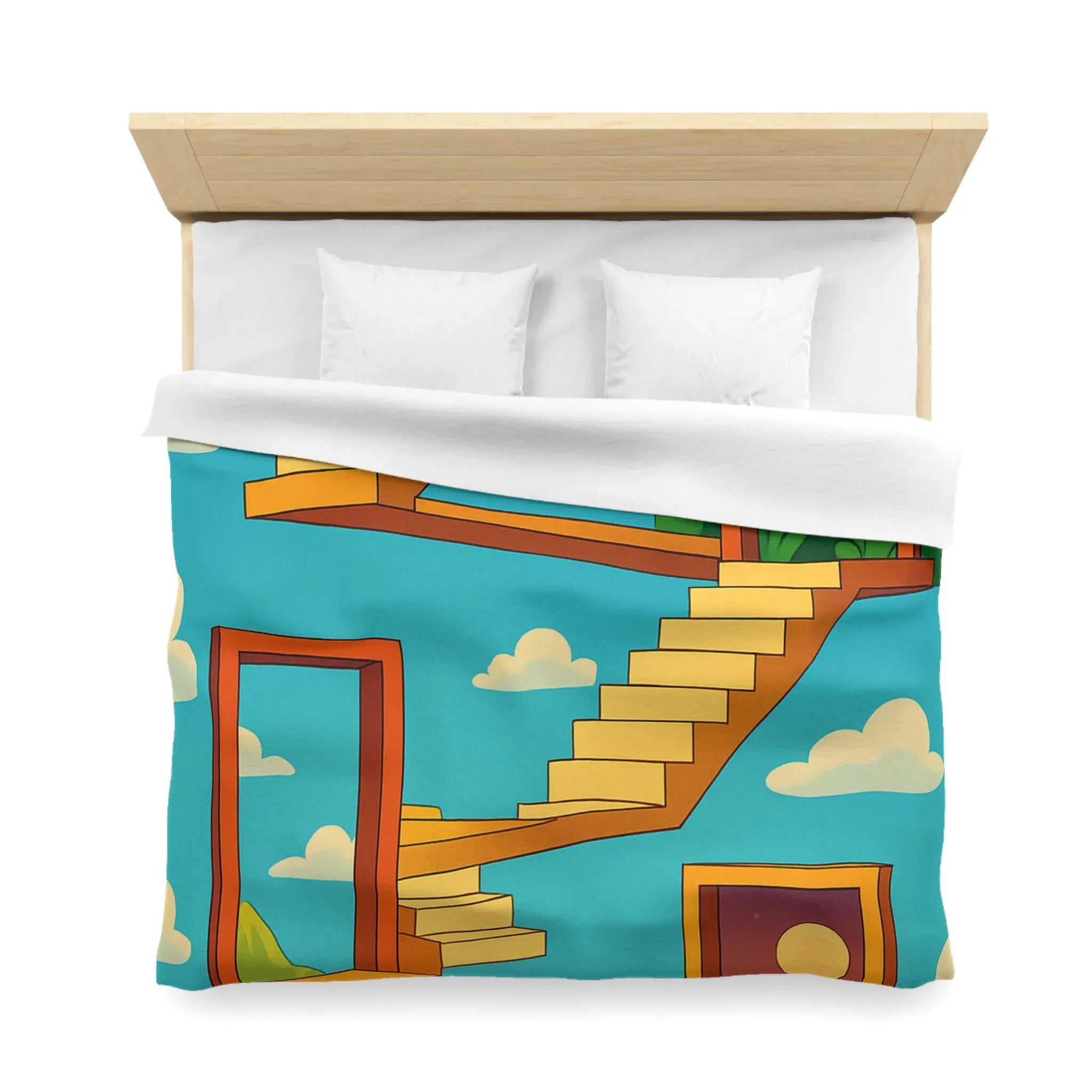 Housse de couette avec escaliers infinis et paysage surréaliste, ciel étoilé