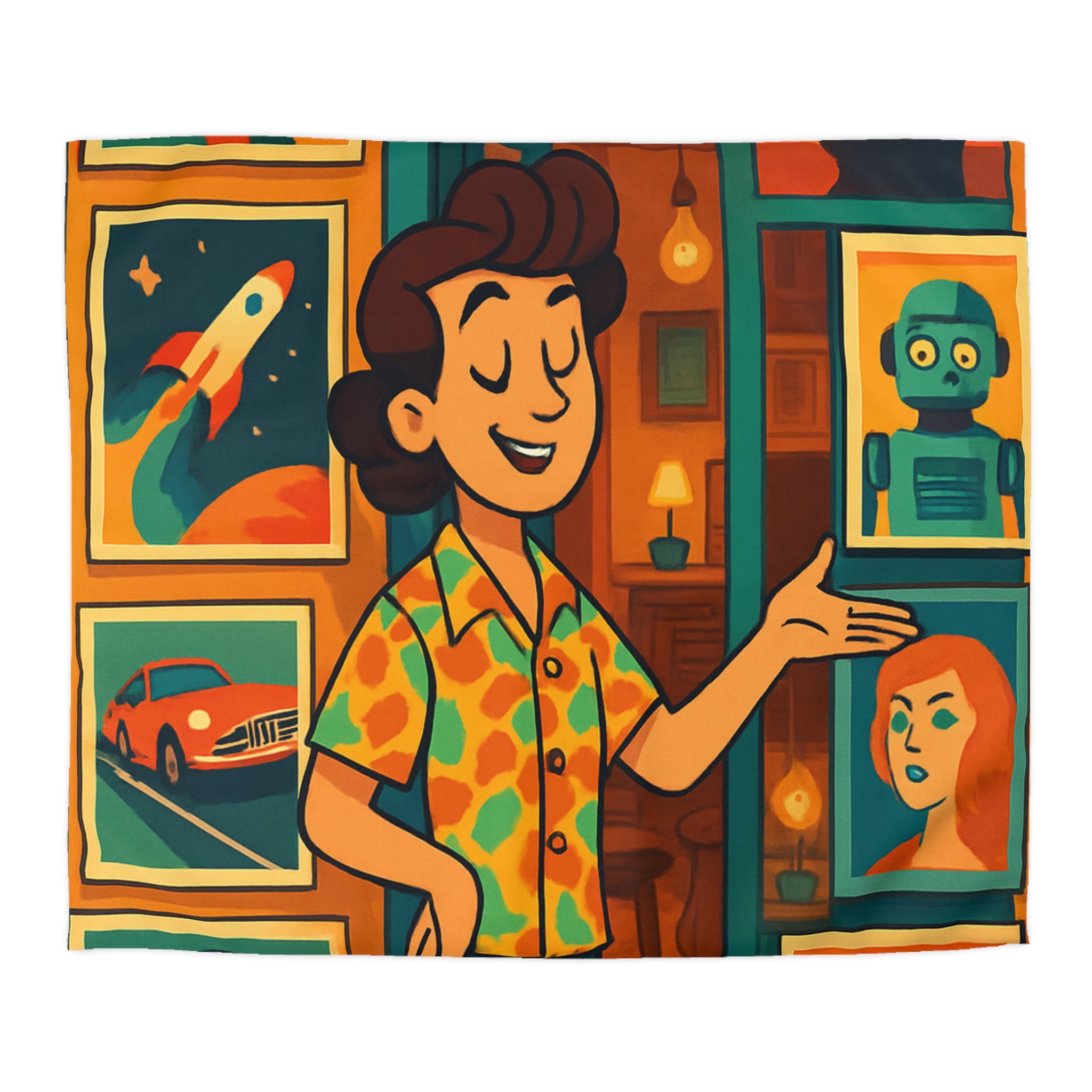 Housse de couette rétro avec illustrations vibrantes, ambiance vintage et design artistique coloré