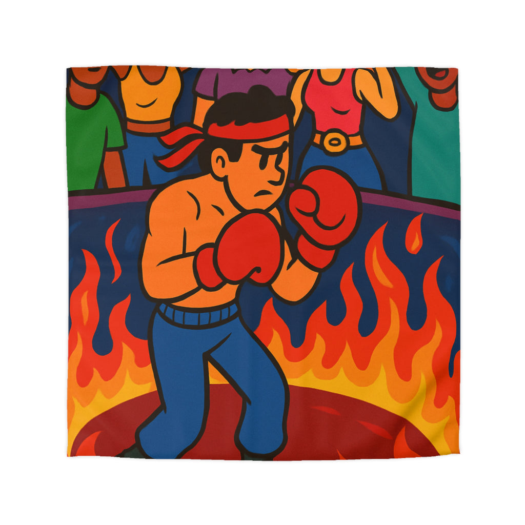 Housse de couette originale avec boxeur entouré de flammes et foule colorée