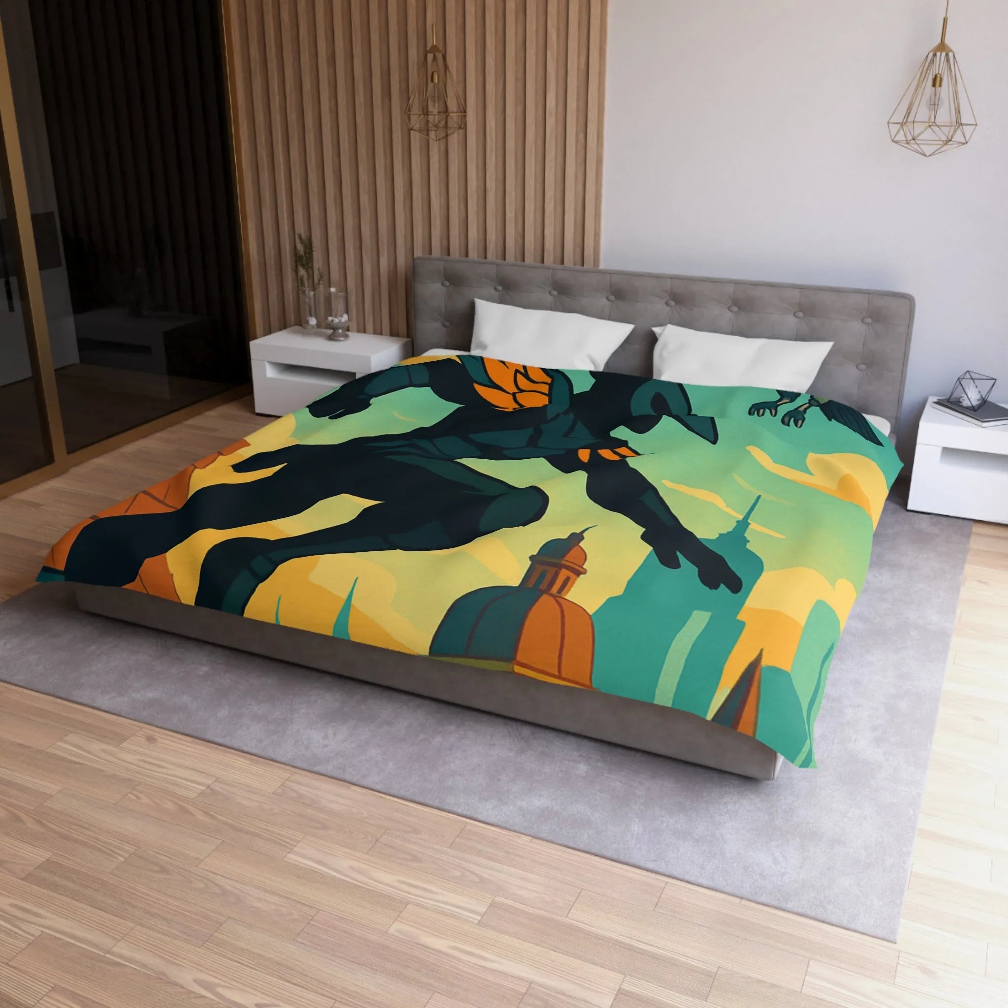 Housse de couette artistique avec silhouette et oiseau sur un toit urbain animé