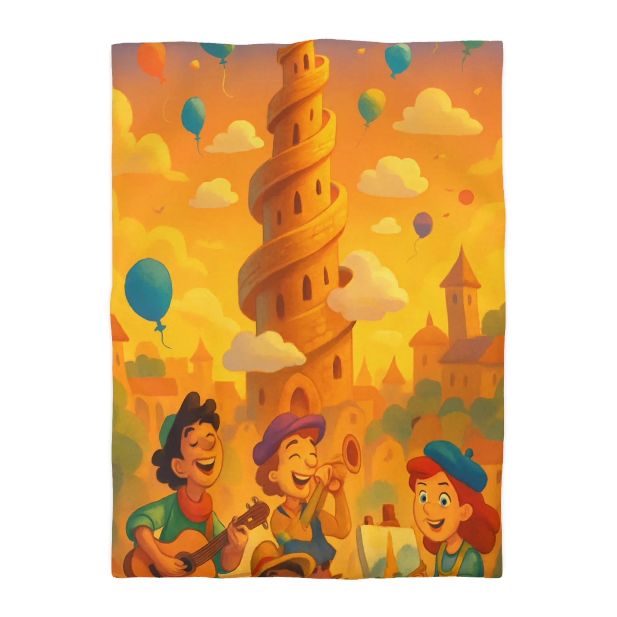 Housse de couette colorée imprimée d'une scène joyeuse avec tours et ballons pastel