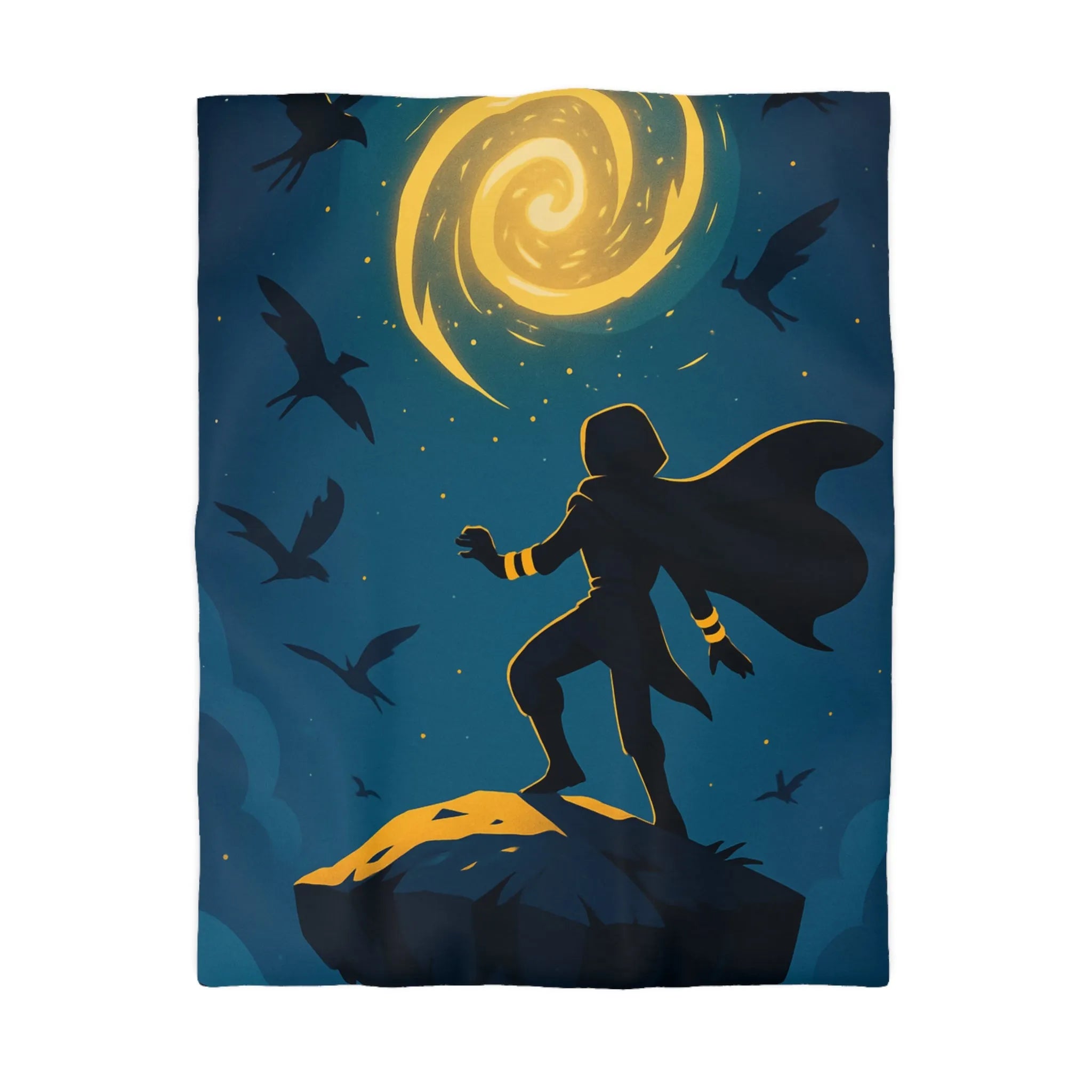 Housse de couette aventure magique, silhouette et spirale dorée dans ciel étoilé