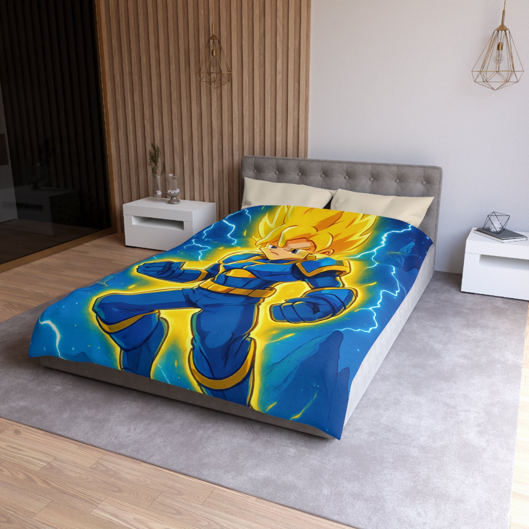 Housse de couette vibrante avec héros en armure bleue et rayons lumineux intenses