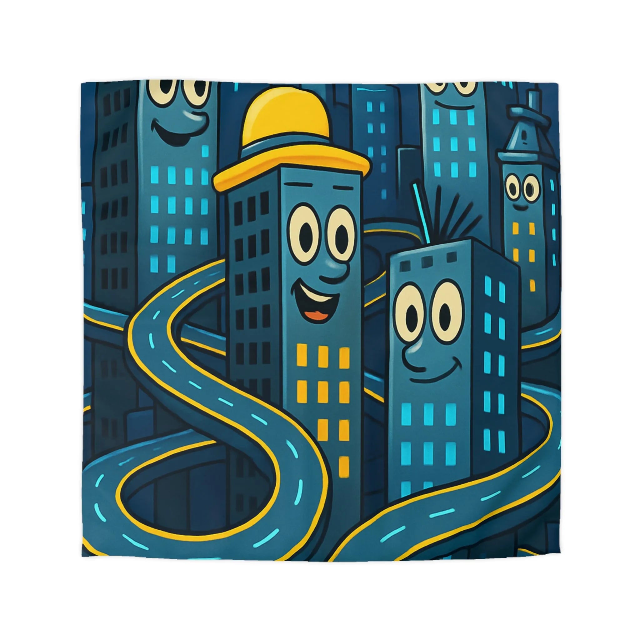 Housse de couette créative avec immeubles souriants et routes sinueuses dessin animés