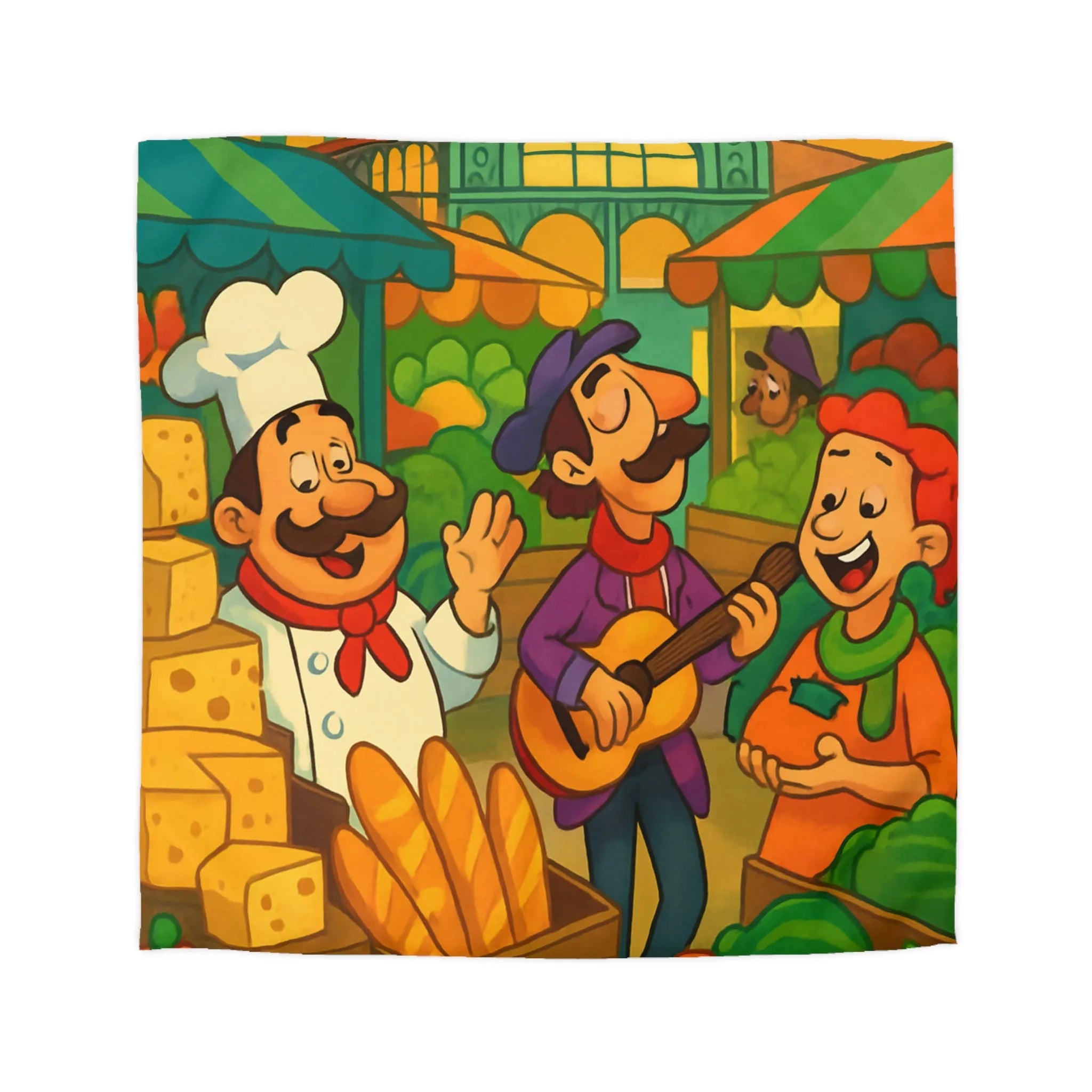 Explorez une Housse de Couette Animée de Marché Vivant Avec Fruits et Musiciens