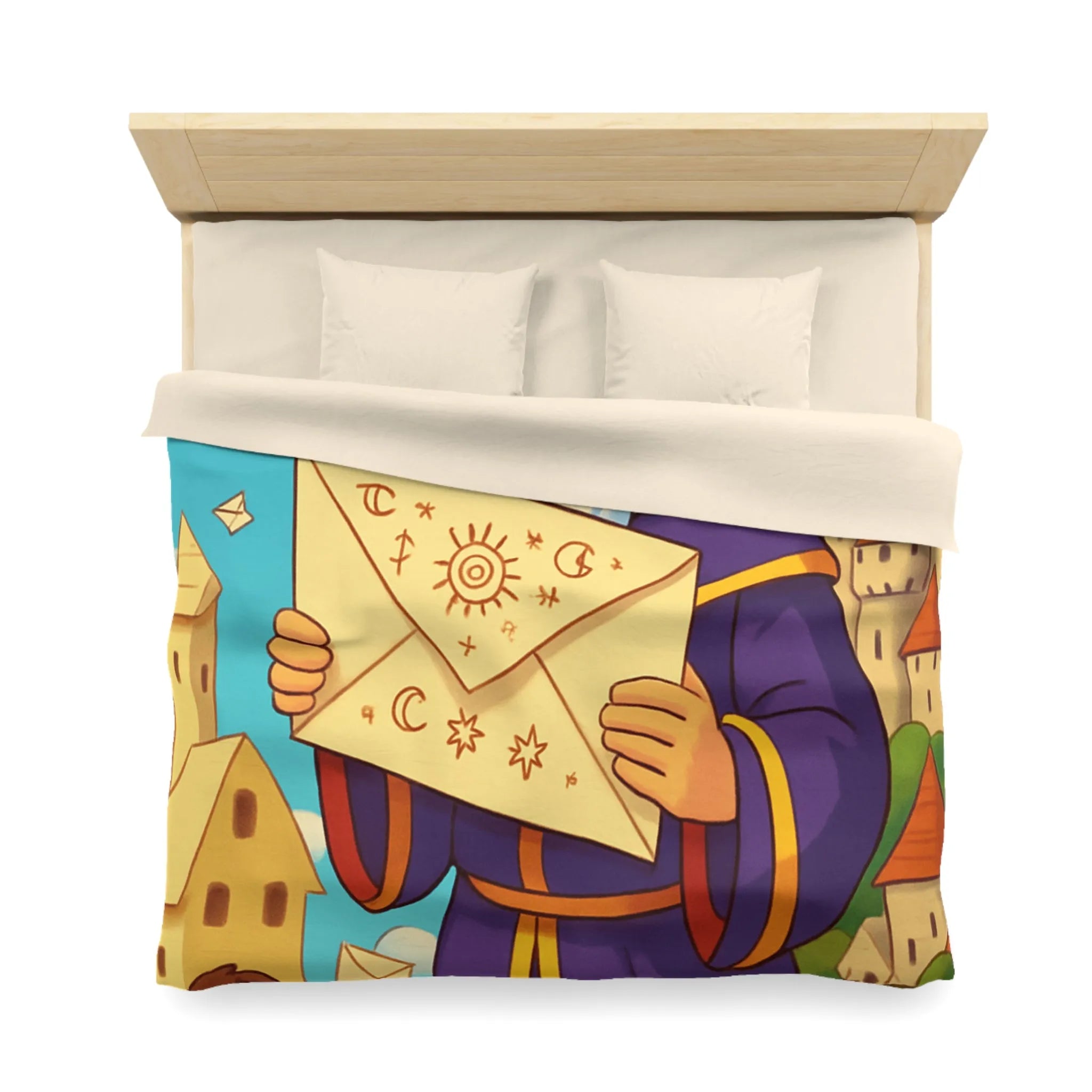 Housse de couette joyeuse avec roi médiéval et château féerique pour enfants