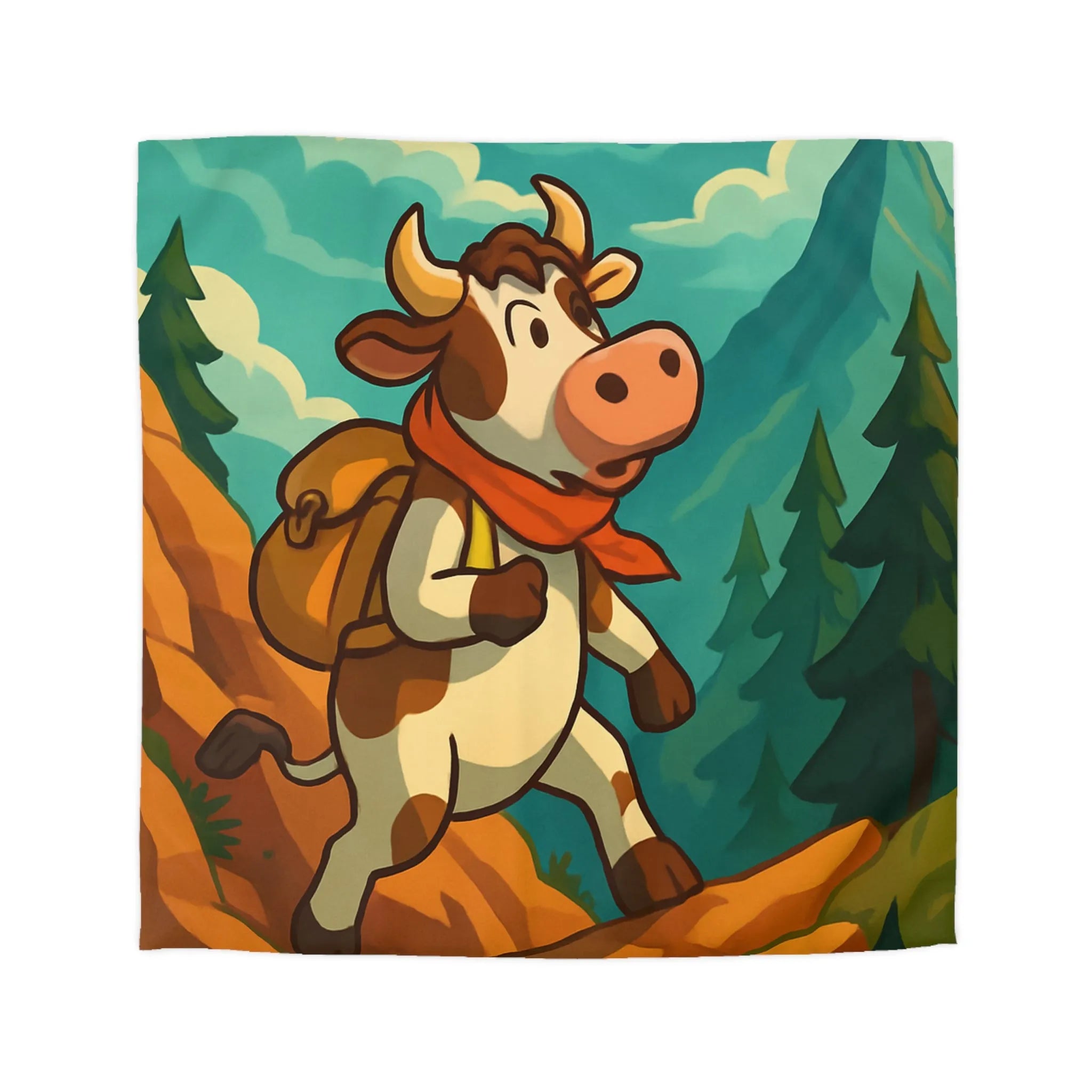 Housse de couette avec vache exploratrice en randonnée dans un paysage montagneux animé