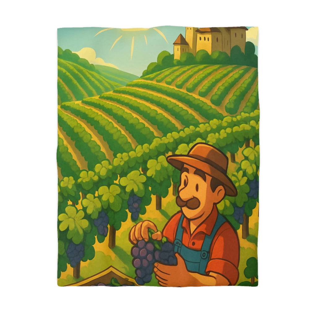 Housse de couette illustration de vendangeur dans un vignoble éclairé par soleil radieux