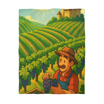 Housse de couette illustration de vendangeur dans un vignoble éclairé par soleil radieux