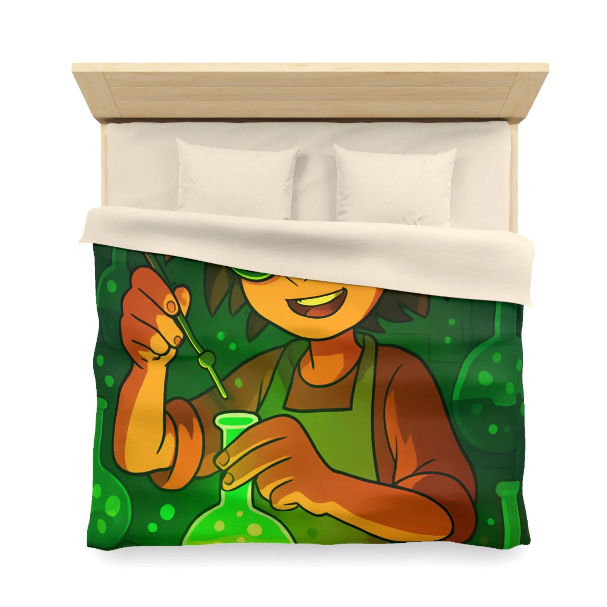 Housse de couette colorée avec un jeune chimiste dans un laboratoire mystérieux et magique