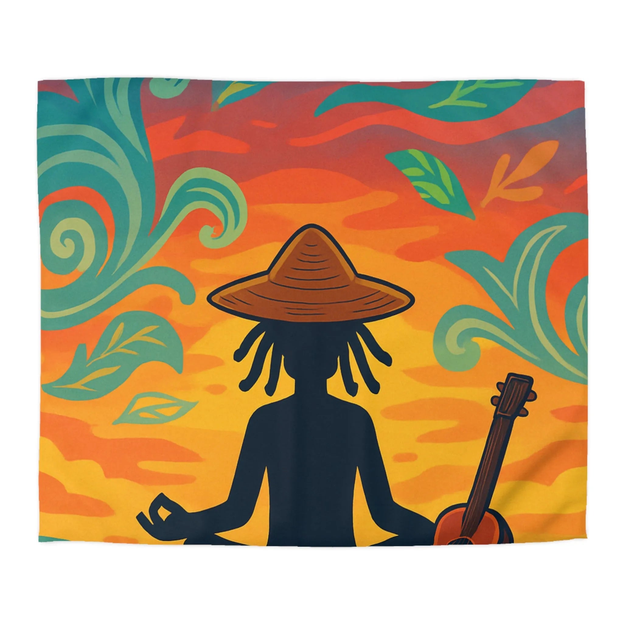 Housse de couette avec silhouette méditative et nature vibrante sous coucher de soleil coloré