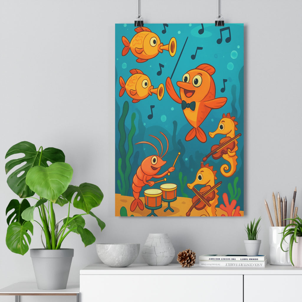 Poster décoratif cartoon joyeux orange bleu chambre enfant créature marine musical style unique vibrant