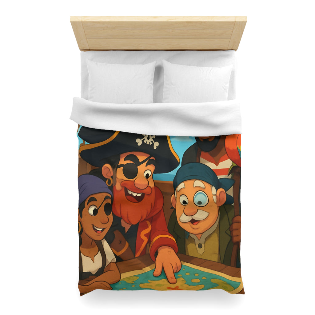 Housse de couette pirate colorée avec carte au trésor et équipage amical joyeux